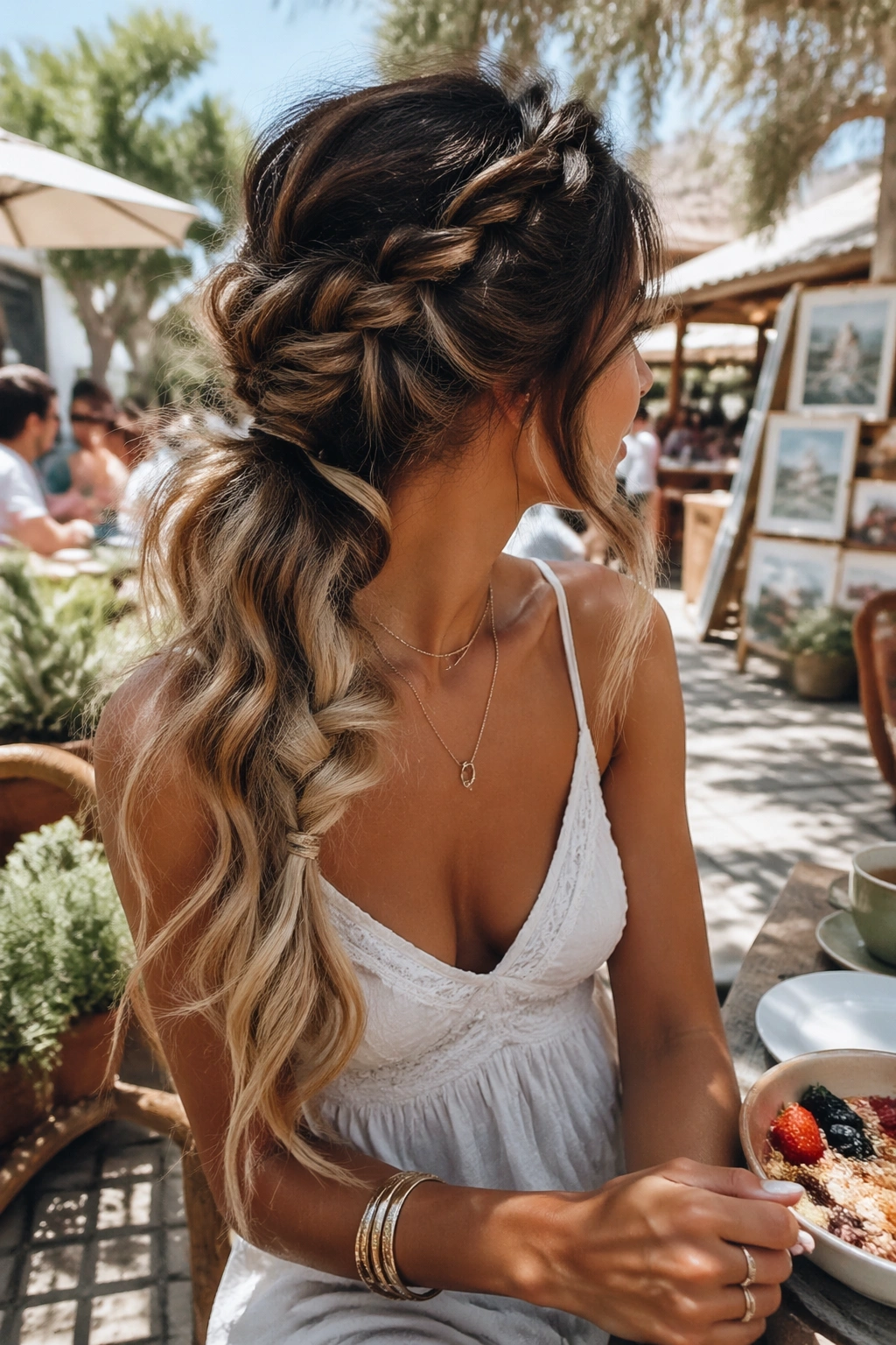 Messy boho ombre ponytail outdoors at brunch