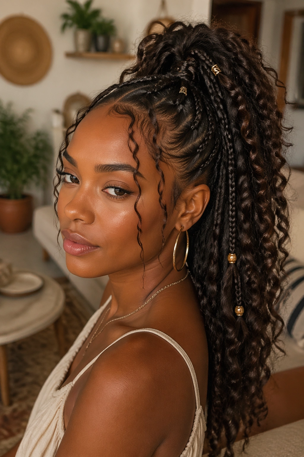 Close-up of a real woman with a long curly boho ponytail and tiny accent braids