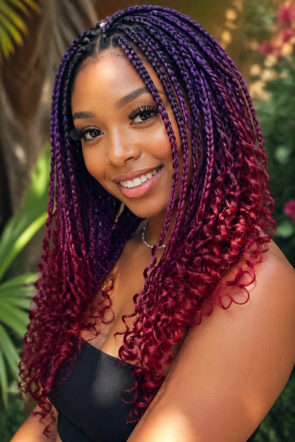 Close-up of a real person with purple and red box braids with curly ends in a boho style