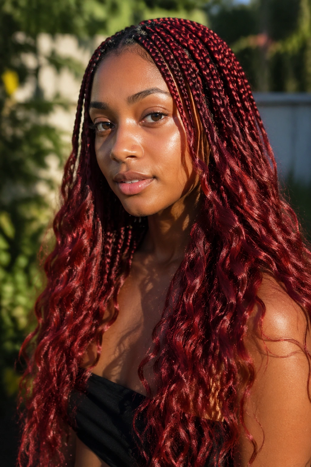 Real woman with boho red knotless braids and loose waves