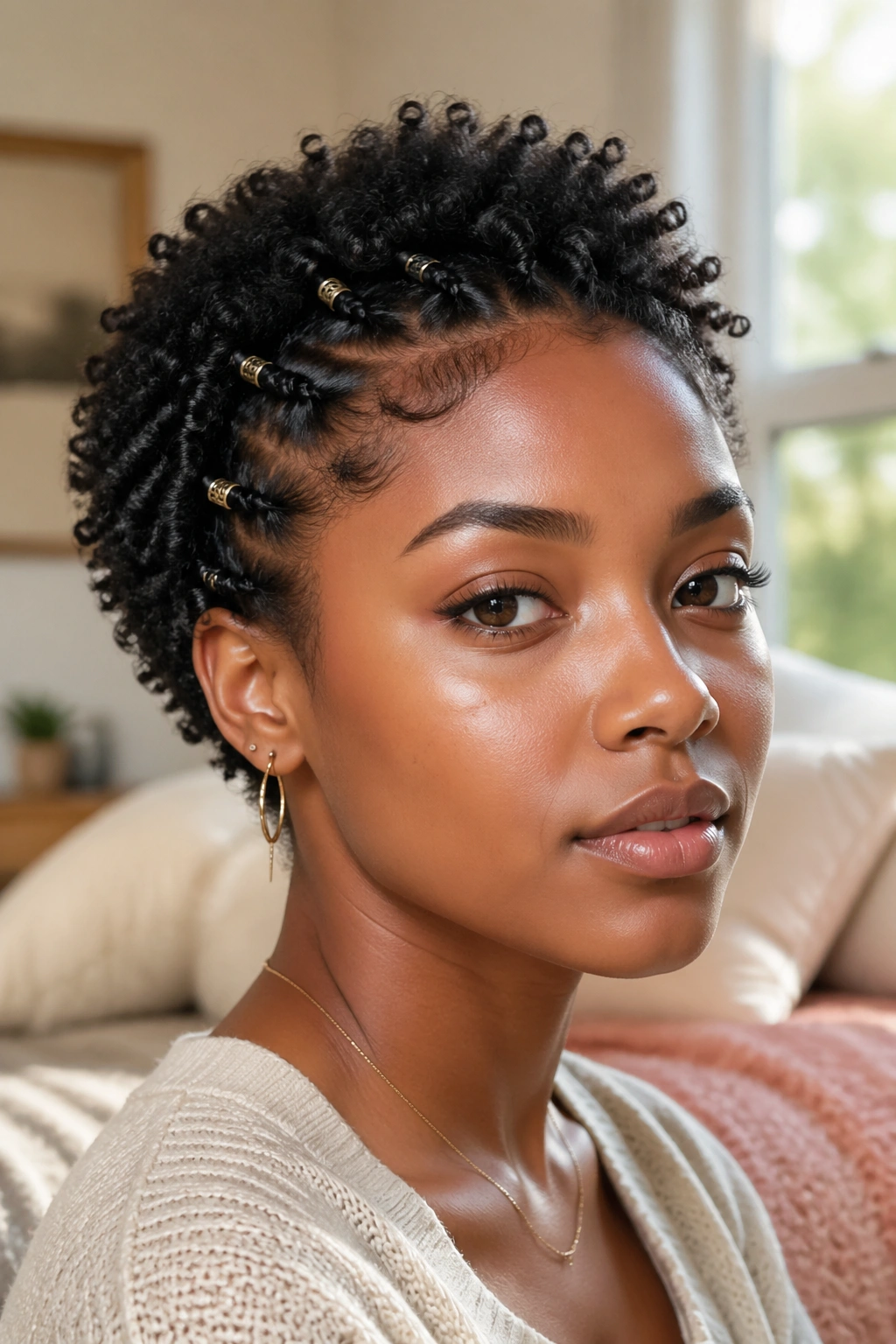 Close-up of a real woman with short Afro hair styled boho with beads in a cozy natural light setting