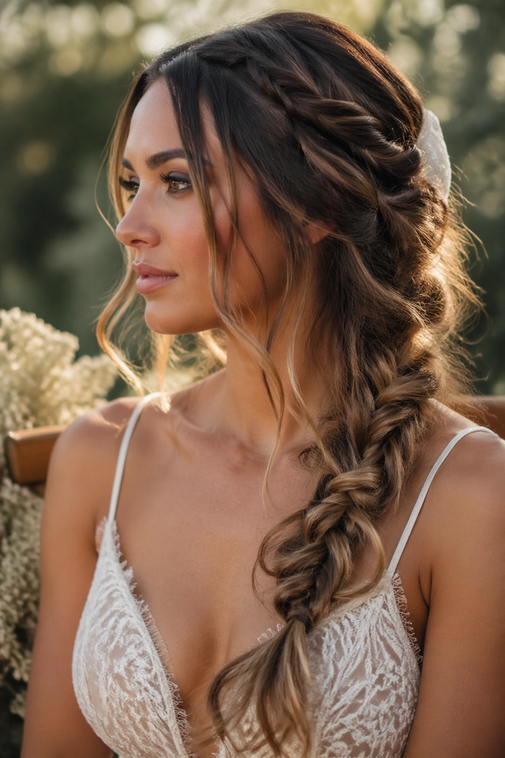 Bride with boho side braid and face-framing pieces in natural light