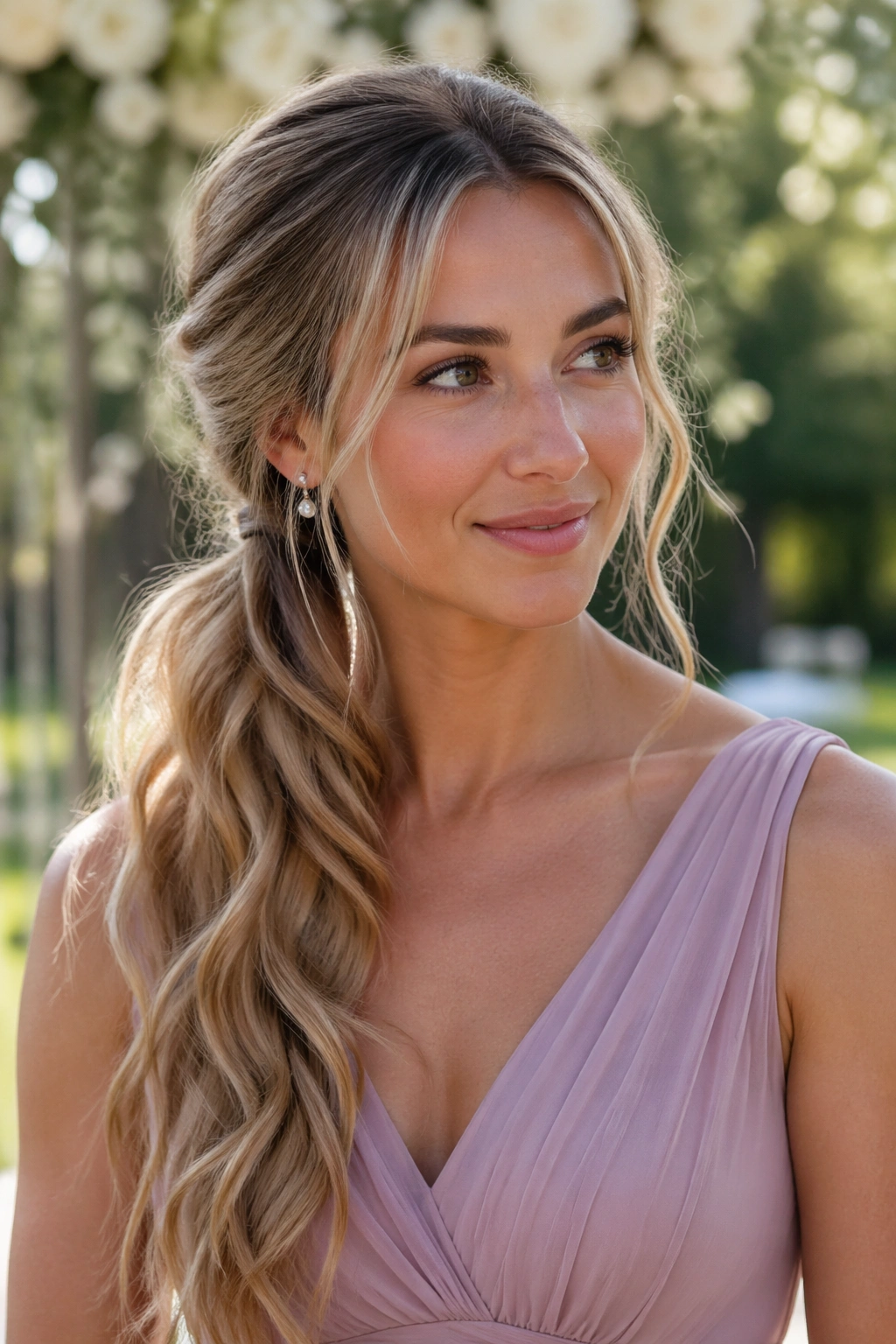 Close-up of a real person wearing a boho side ponytail with scattered waves in a garden setting.