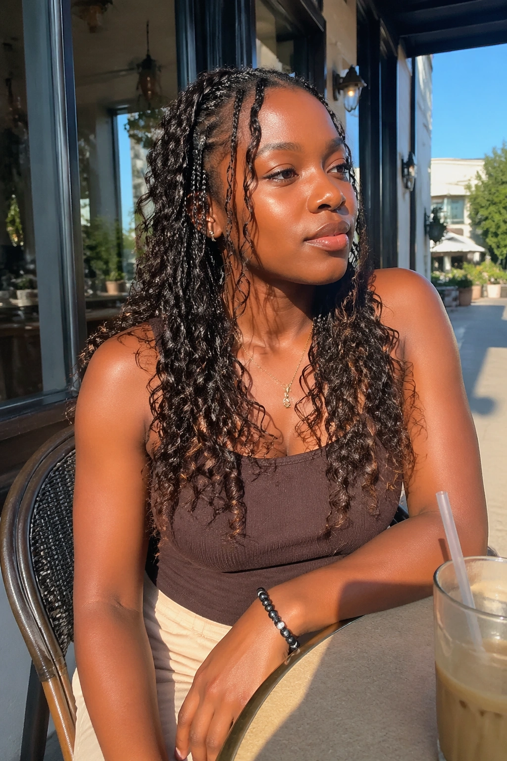 Boho twist braids with face framing curls at outdoor cafe
