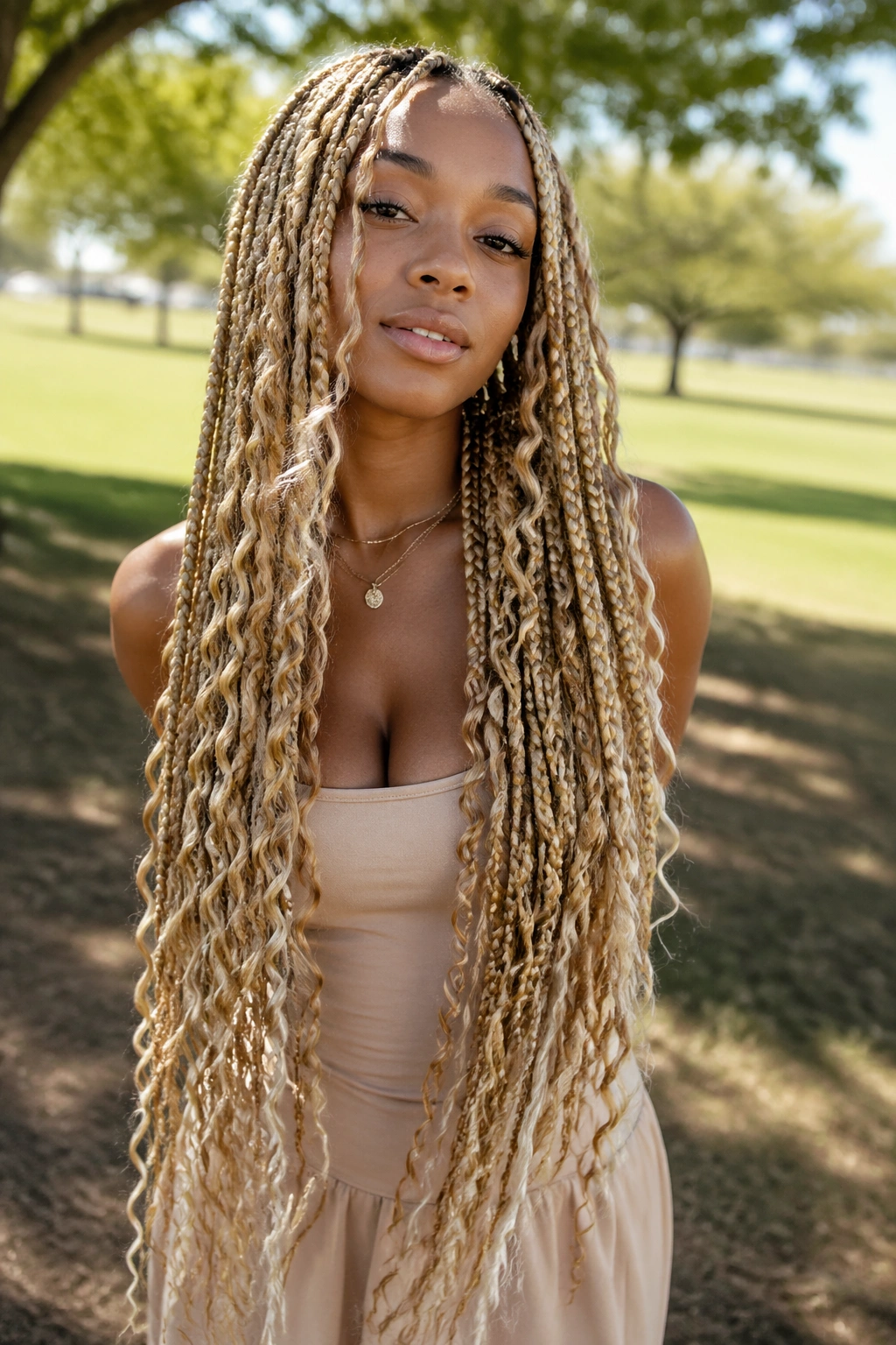Real woman with waist-length boho blonde braids and loose curls in a sunlit outdoor setting.