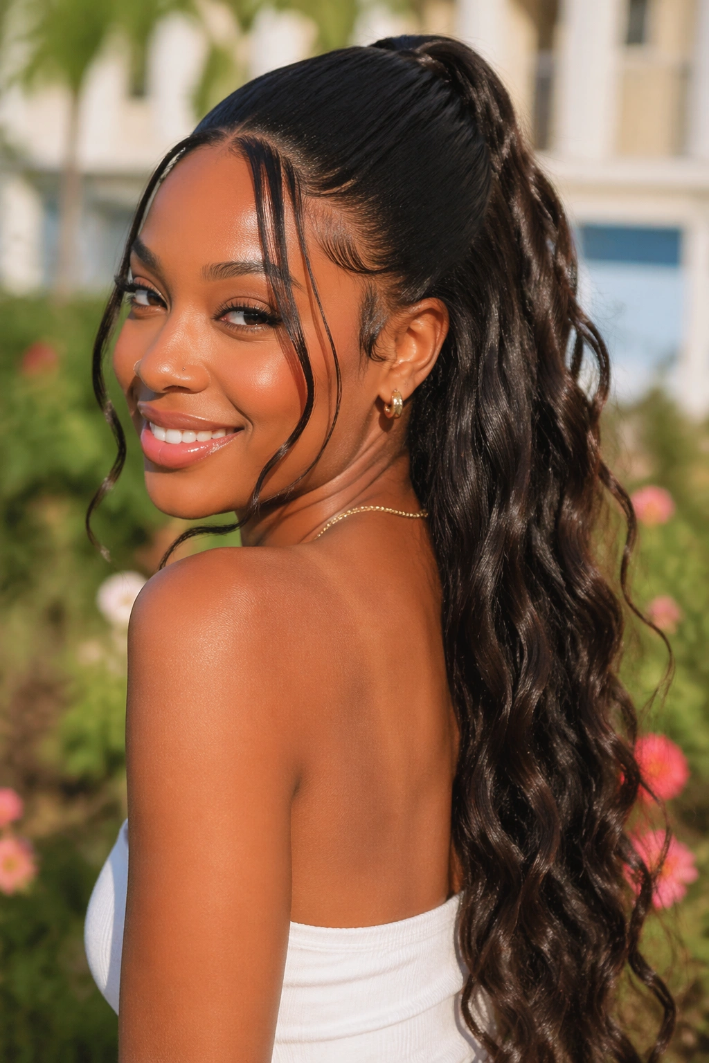 Close-up portrait of a real woman wearing a boho wave half up weave ponytail in a sunny garden