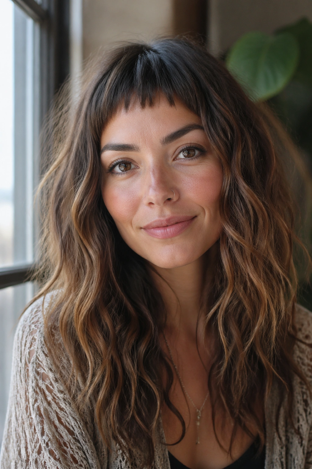 Close-up portrait of a real woman with micro bangs and boho waves