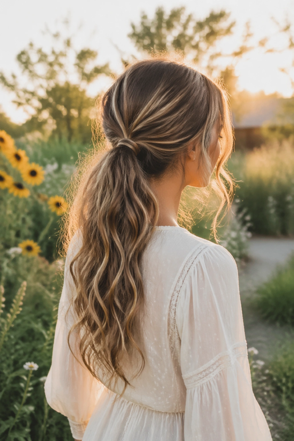 Boho-inspired low V part ponytail with soft waves in golden-hour outdoor light.