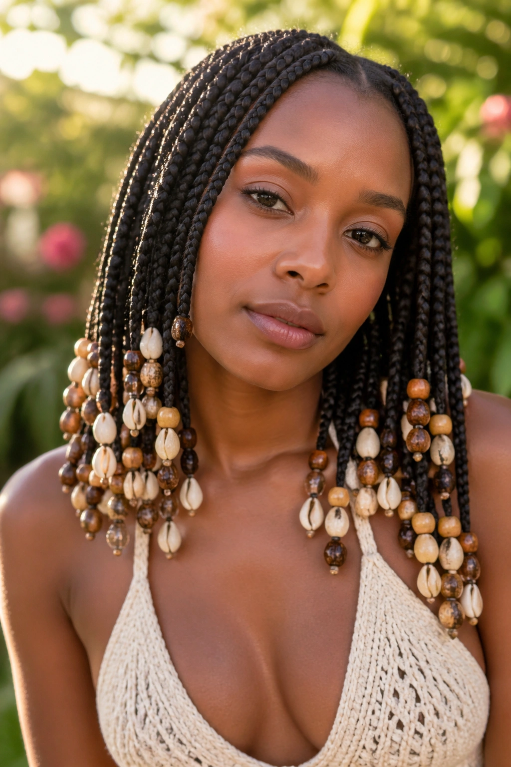 Boho wood shell acrylic beads on box braids close-up on real person