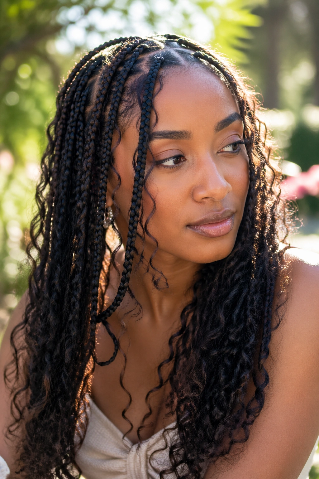 Close-up of a real person with boho zigzag box braids and loose curls framing the face.