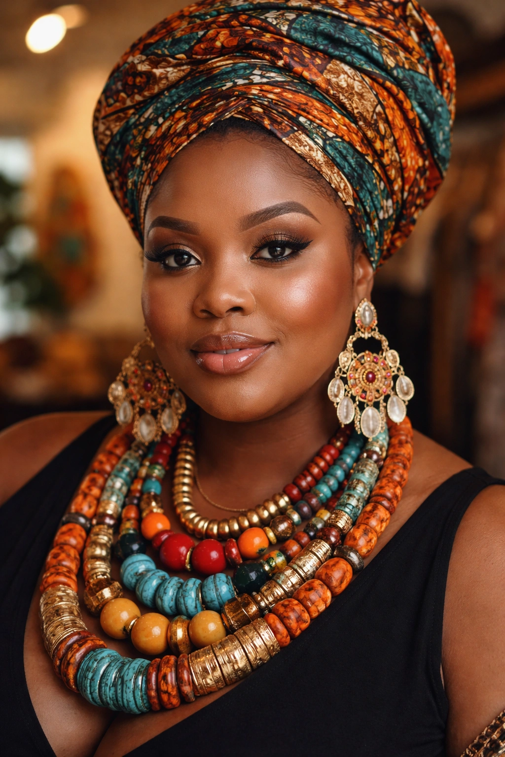Plus-size woman with bold accessories including large earrings and head wrap