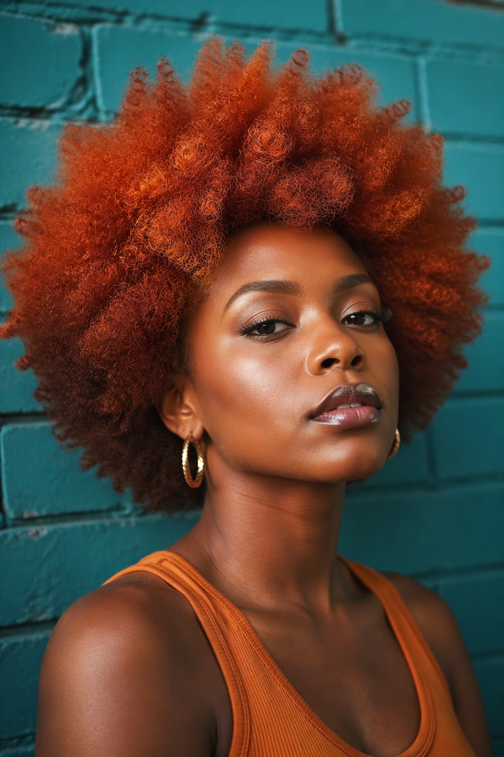 Close-up of a real person with a vivid copper-colored Afro against a colorful background.