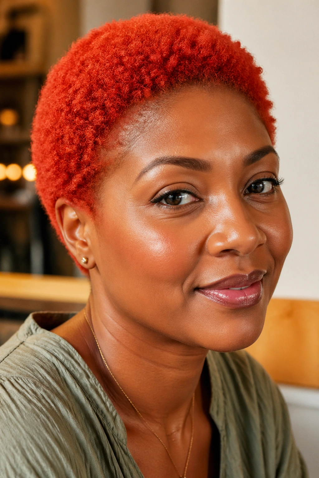 Close-up of a woman with a bold copper red short Afro.