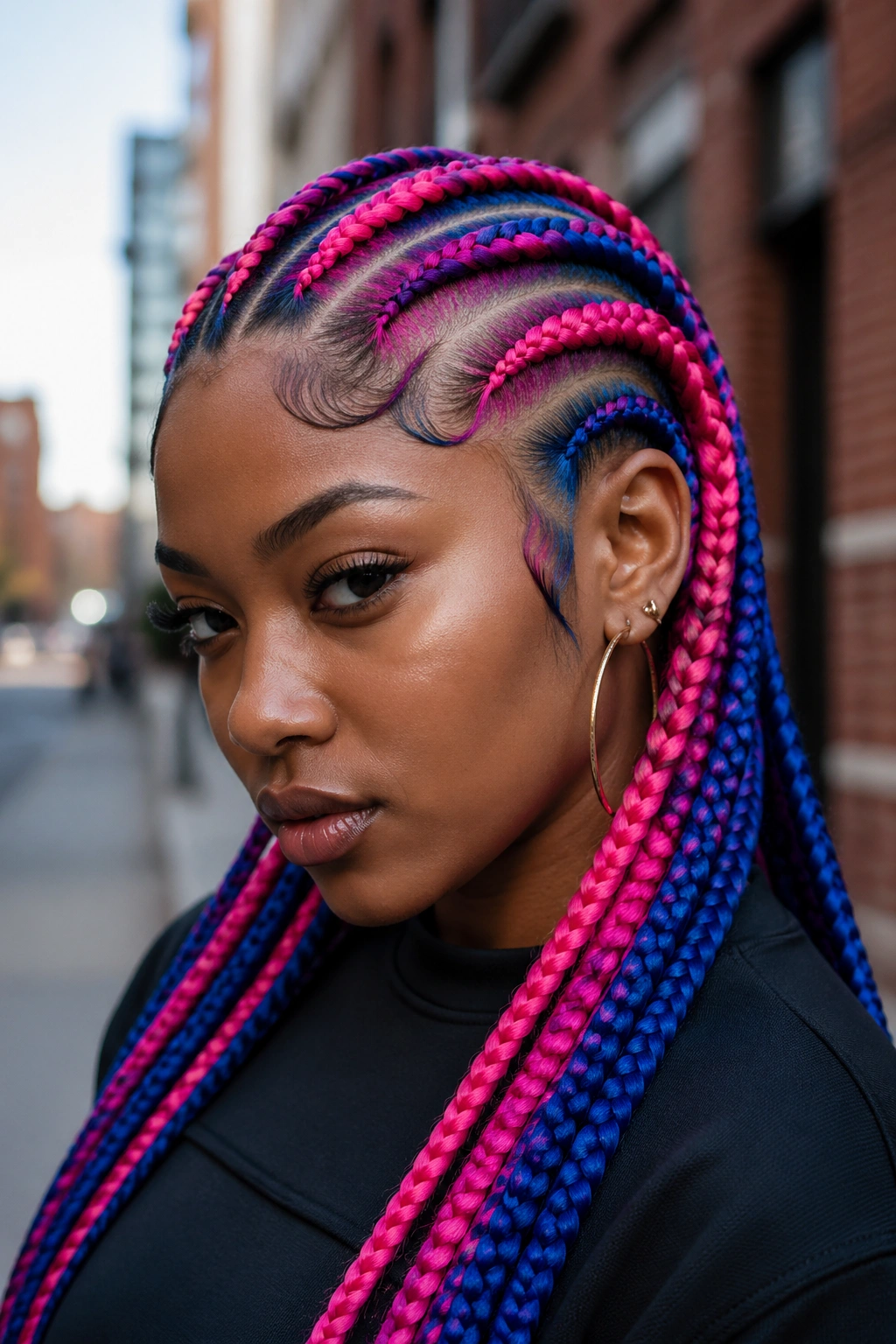 Real person with bold neon pink and blue cornrows.