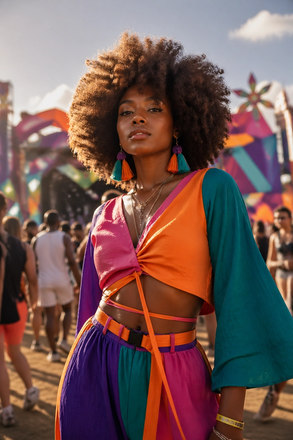 Portrait of a person in a bold color-block festival outfit outdoors