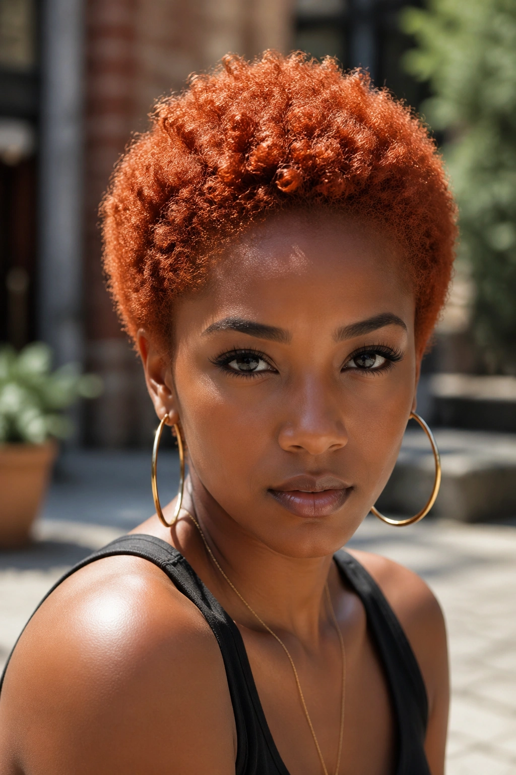 Close-up of a real person with a bold copper-colored small Afro outdoors