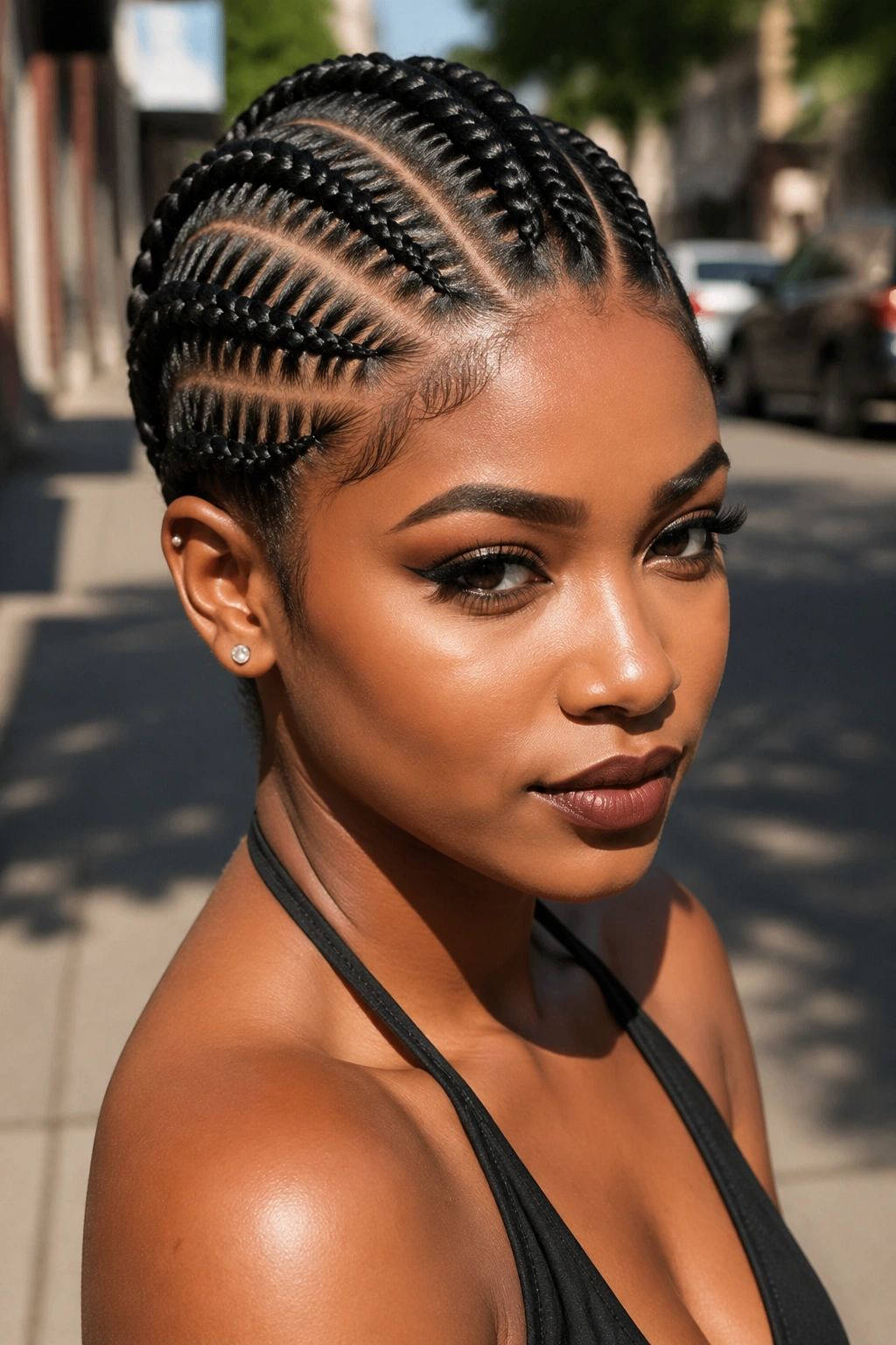 Close-up of a real woman's head with thick fishbone feeders creating bold, graphic lines.