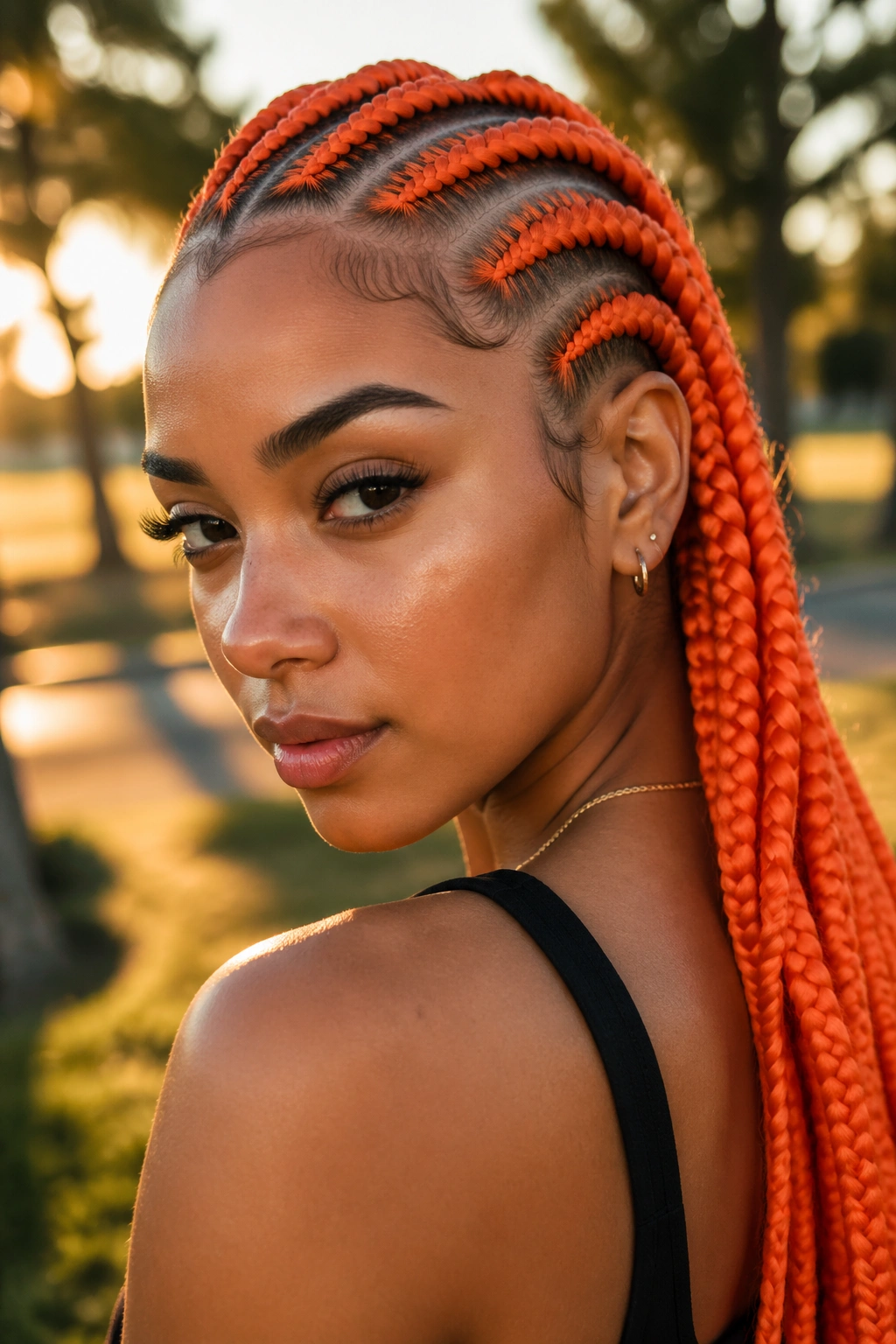 Close-up of a real person with bold orange cornrows outdoors