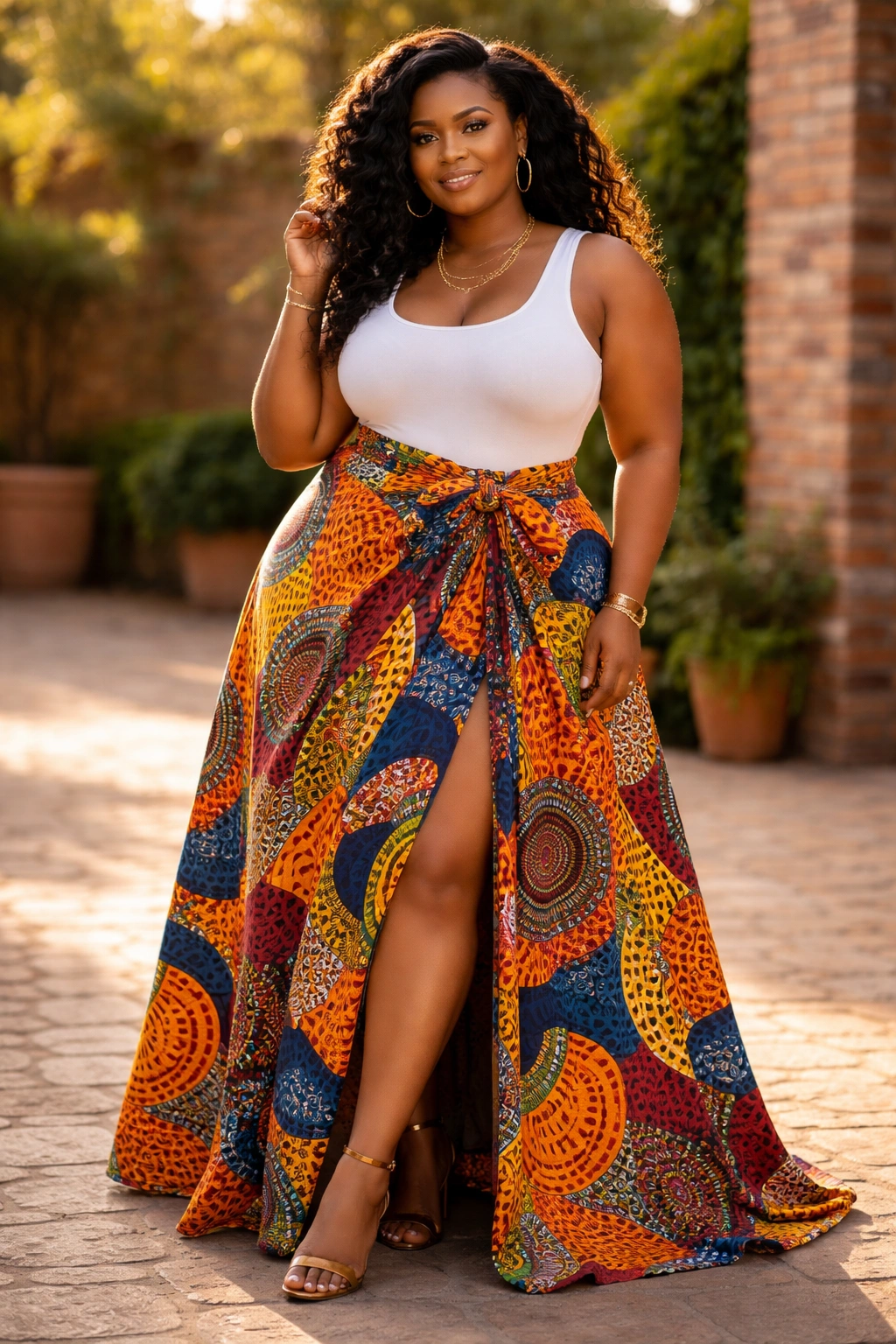 Plus-size model in bold print maxi wrap skirt with bow outdoors