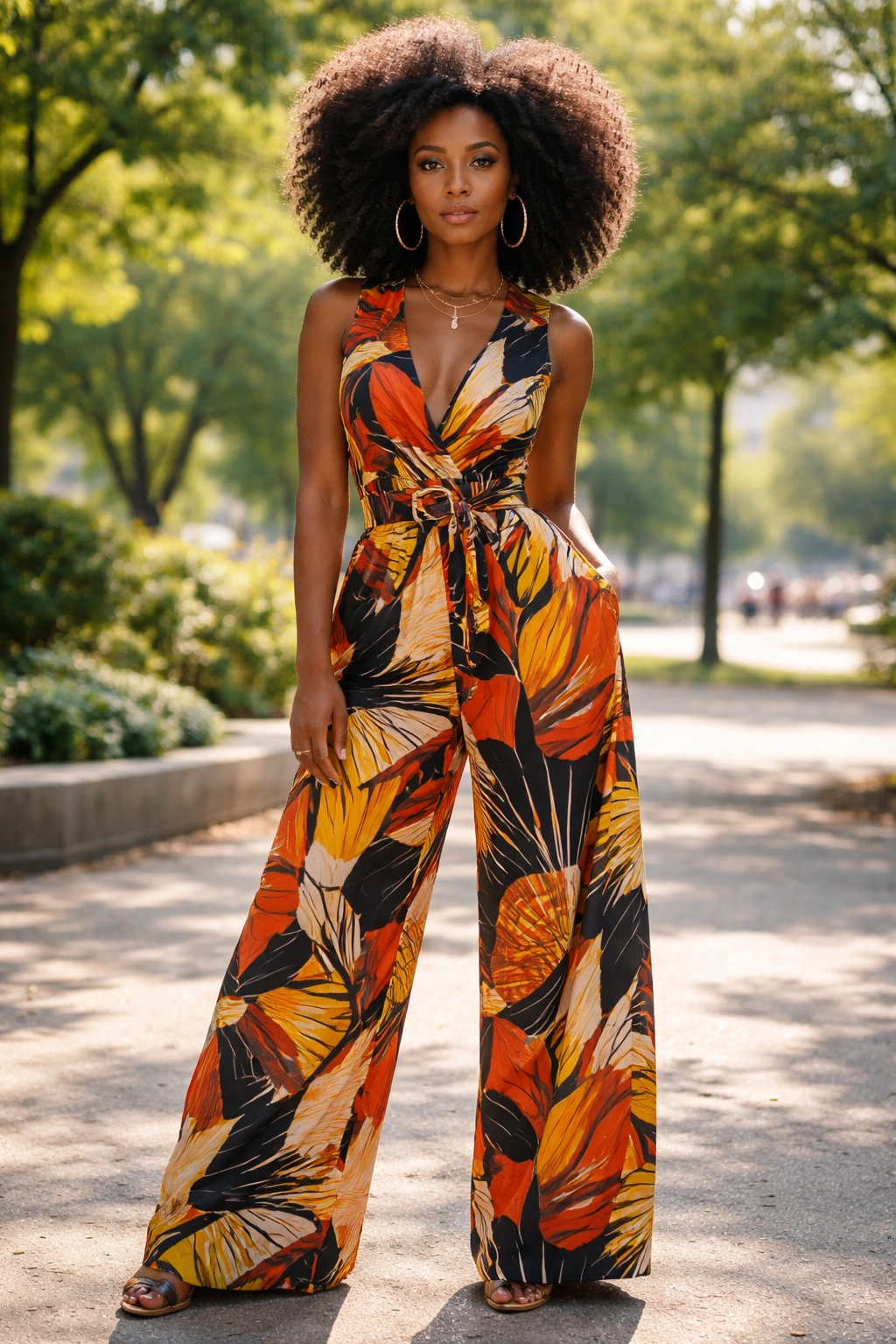 Woman in bold printed jumpsuit with Afro in a park setting