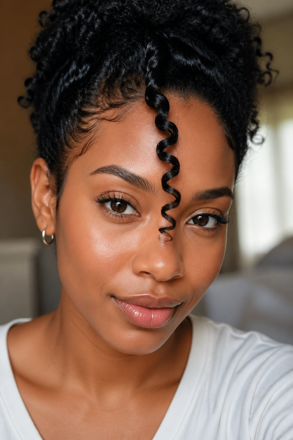 Close-up of a real person with a bold single curl side bang