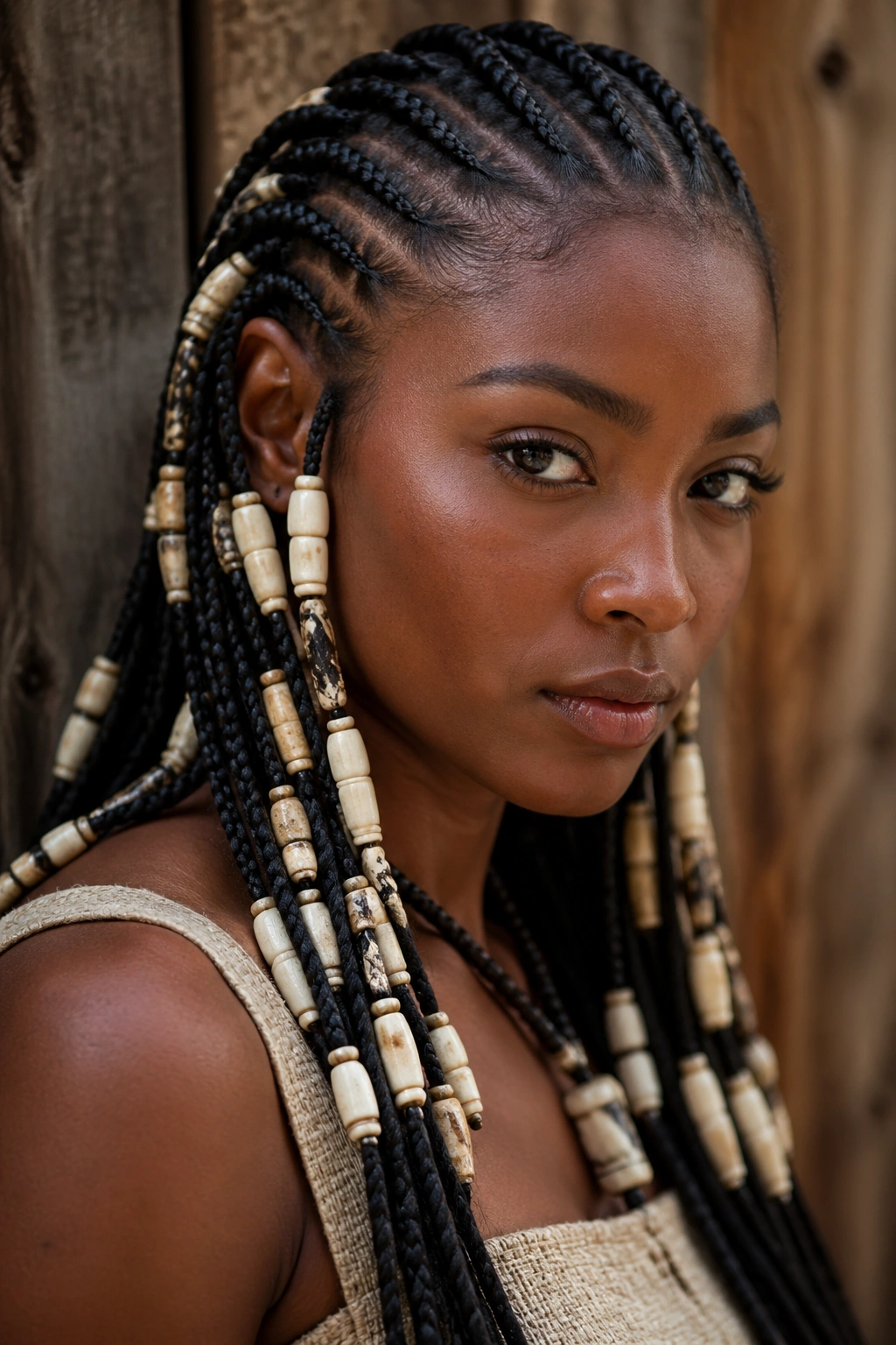 Close-up of a real person with bone/horn bead cornrows in earthy tones