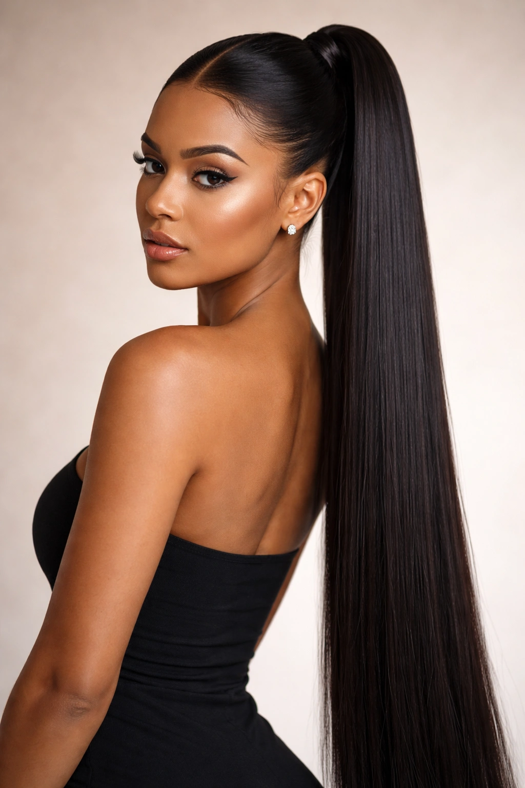 Long bone-straight extra-long ponytail with glossy shine.