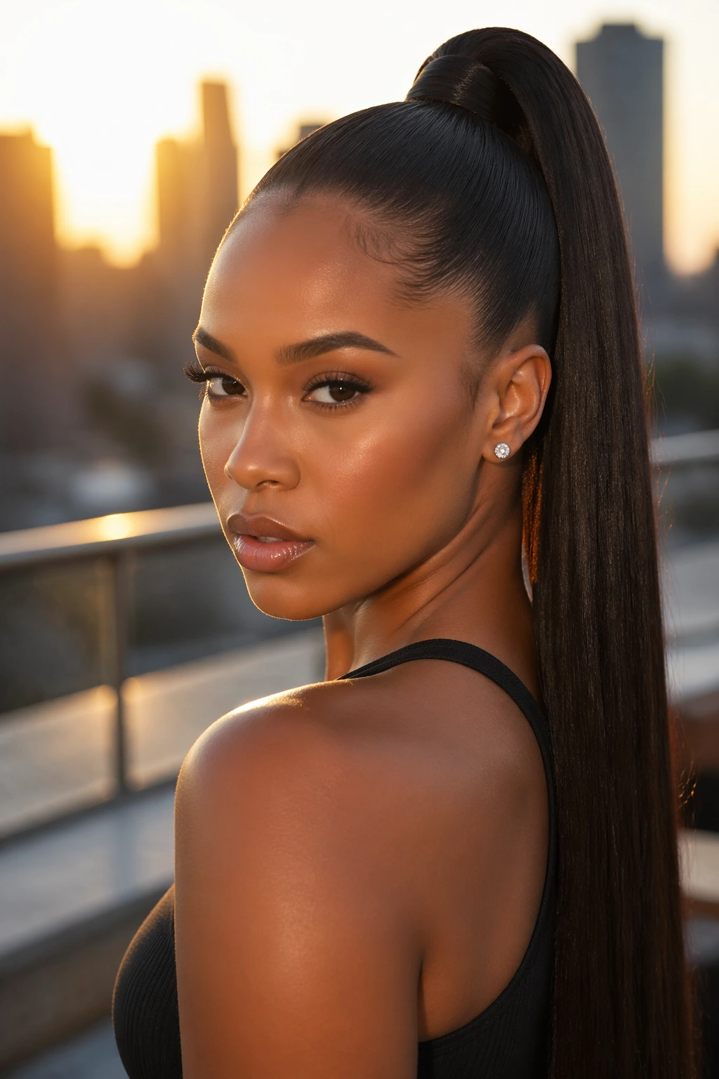 Close-up of a real woman with Bone-Straight High Ponytail Extension showing a long straight, glossy ponytail