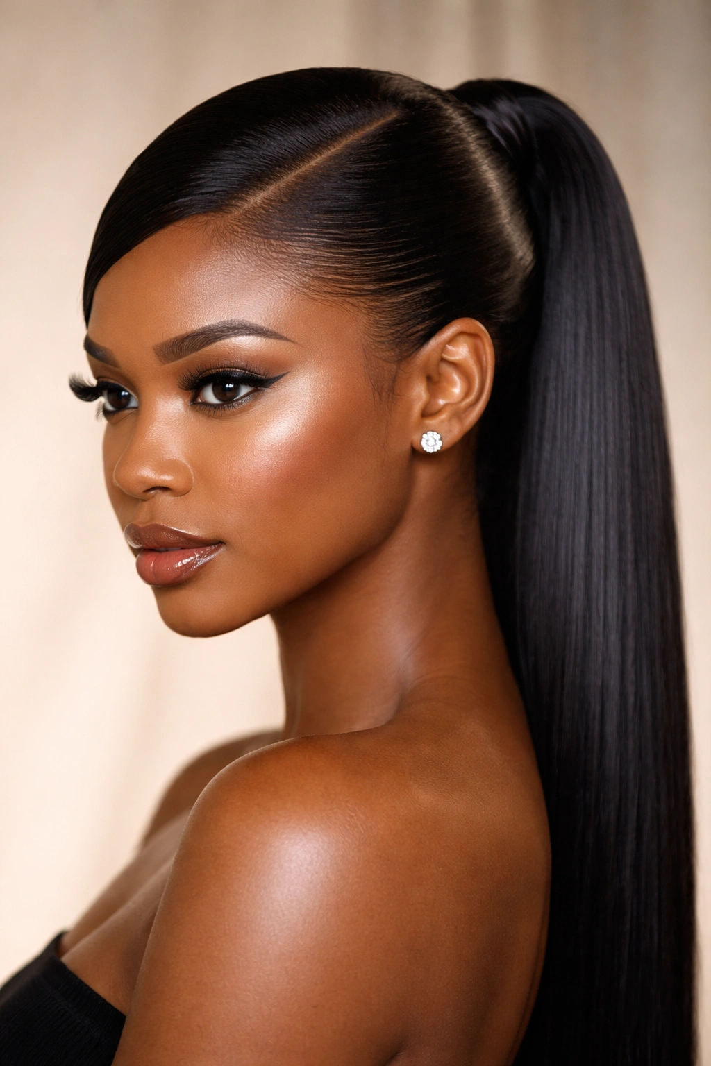Close-up of bone-straight sleek side-parted hair with glass-like shine