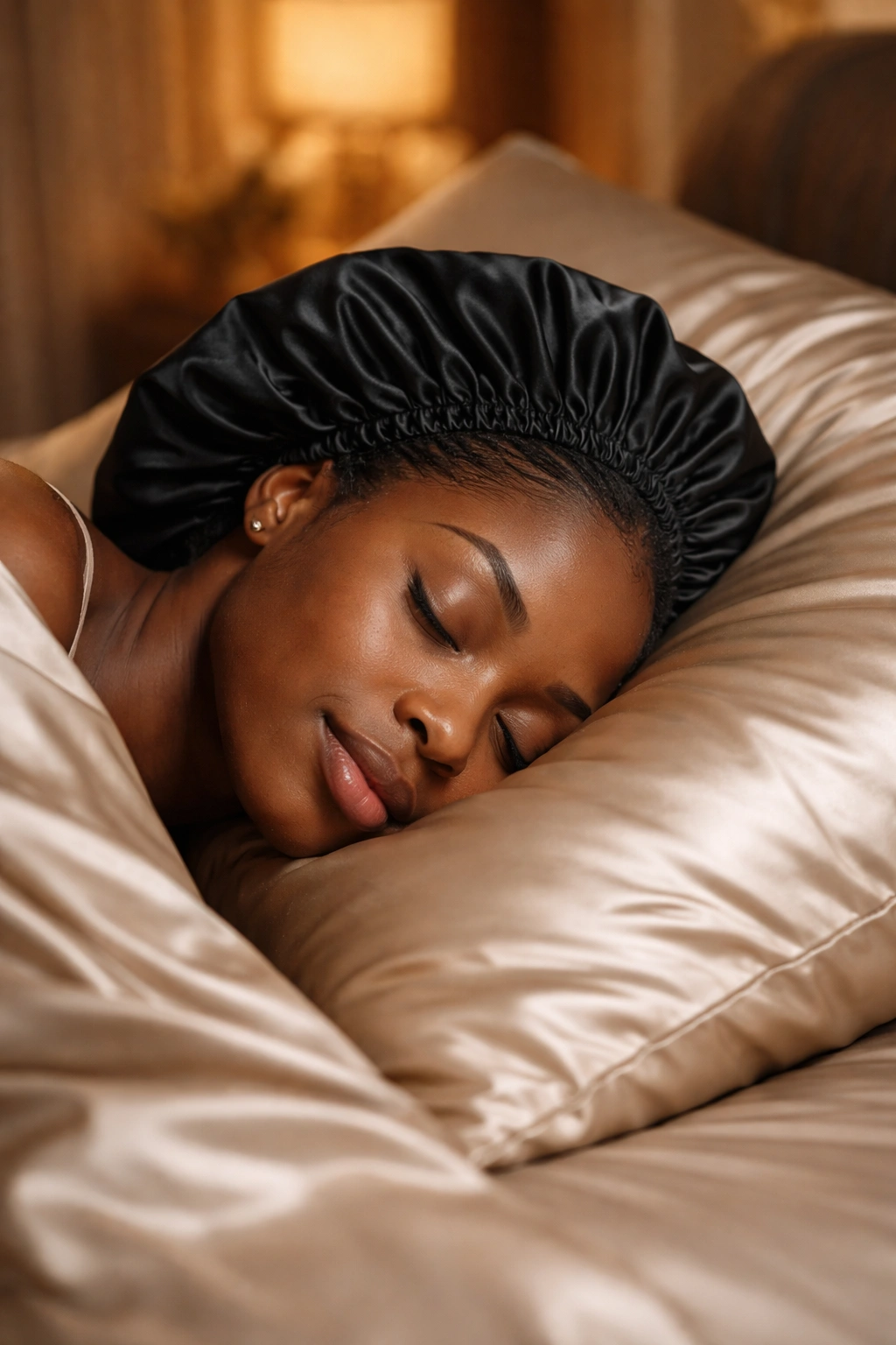 Close-up of satin bonnet on pillowcase protecting ponytail at night