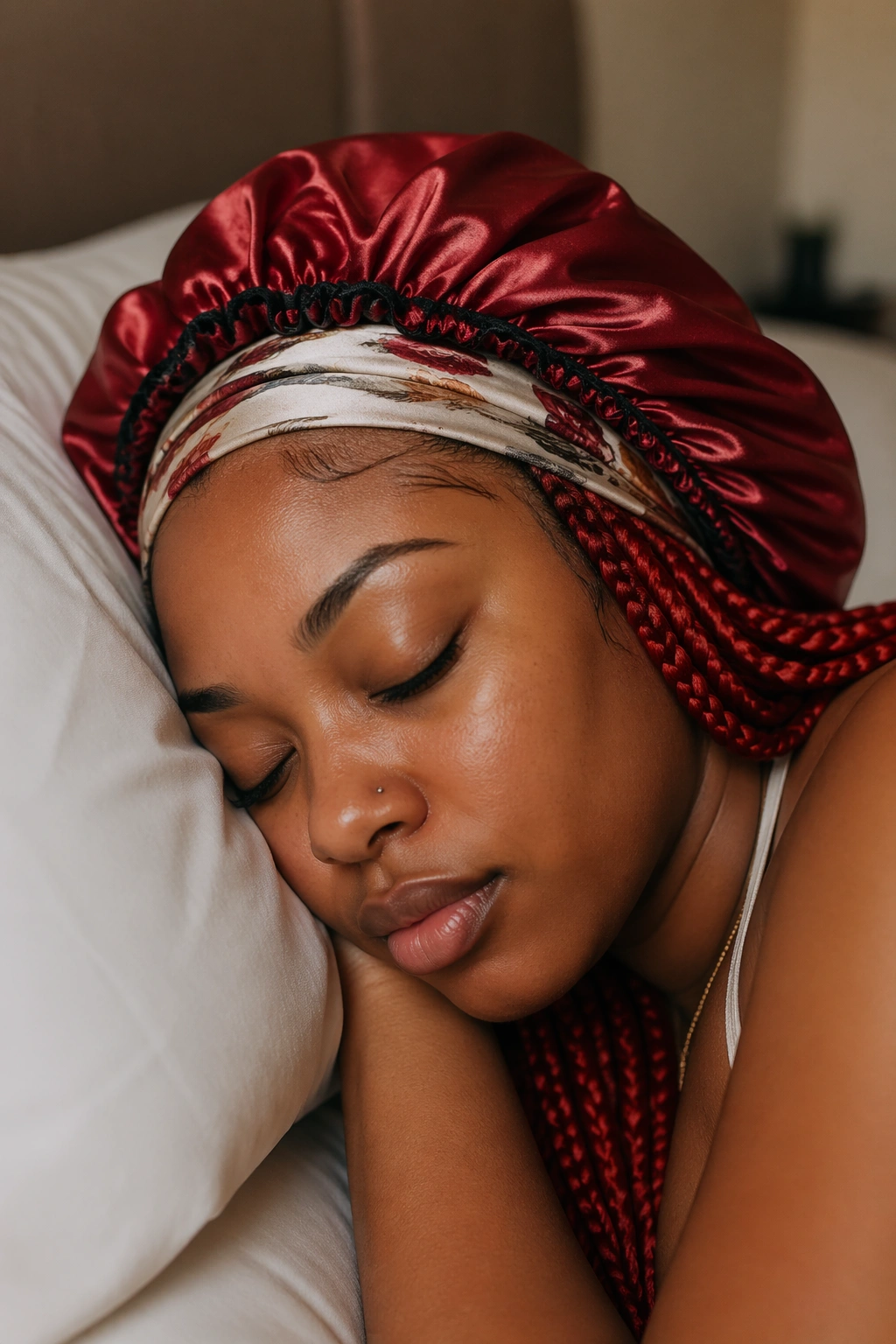 Close-up of a real person with red braids wearing a satin bonnet and silk scarf while resting in bed.