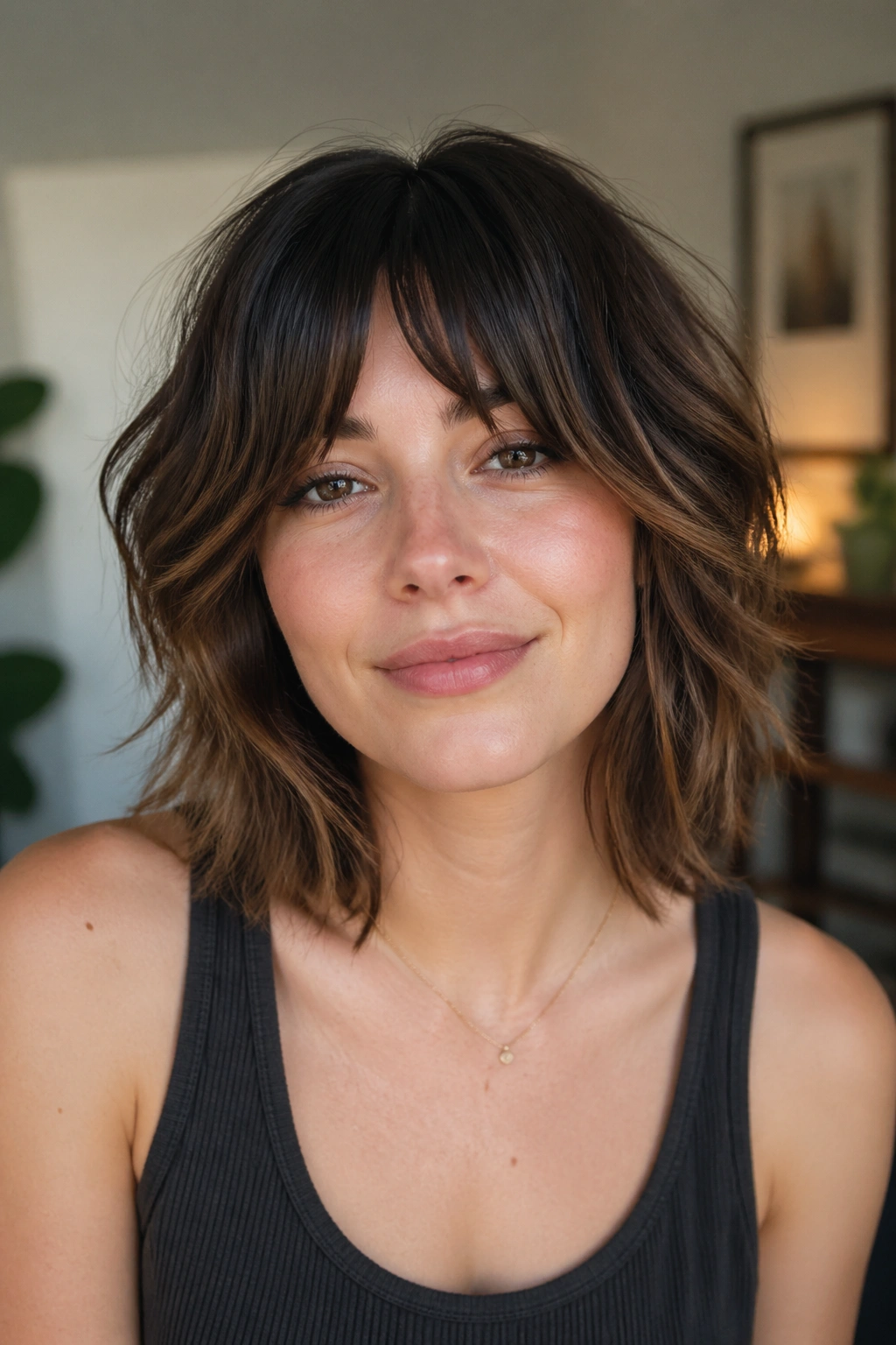 Portrait of a real person with bottleneck bangs that widen toward the cheeks in warm light