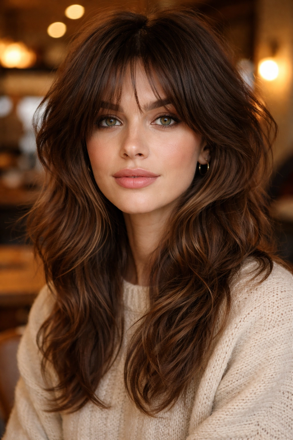 Close-up of a real person with bottleneck bangs in a wolf cut under soft cafe lighting.