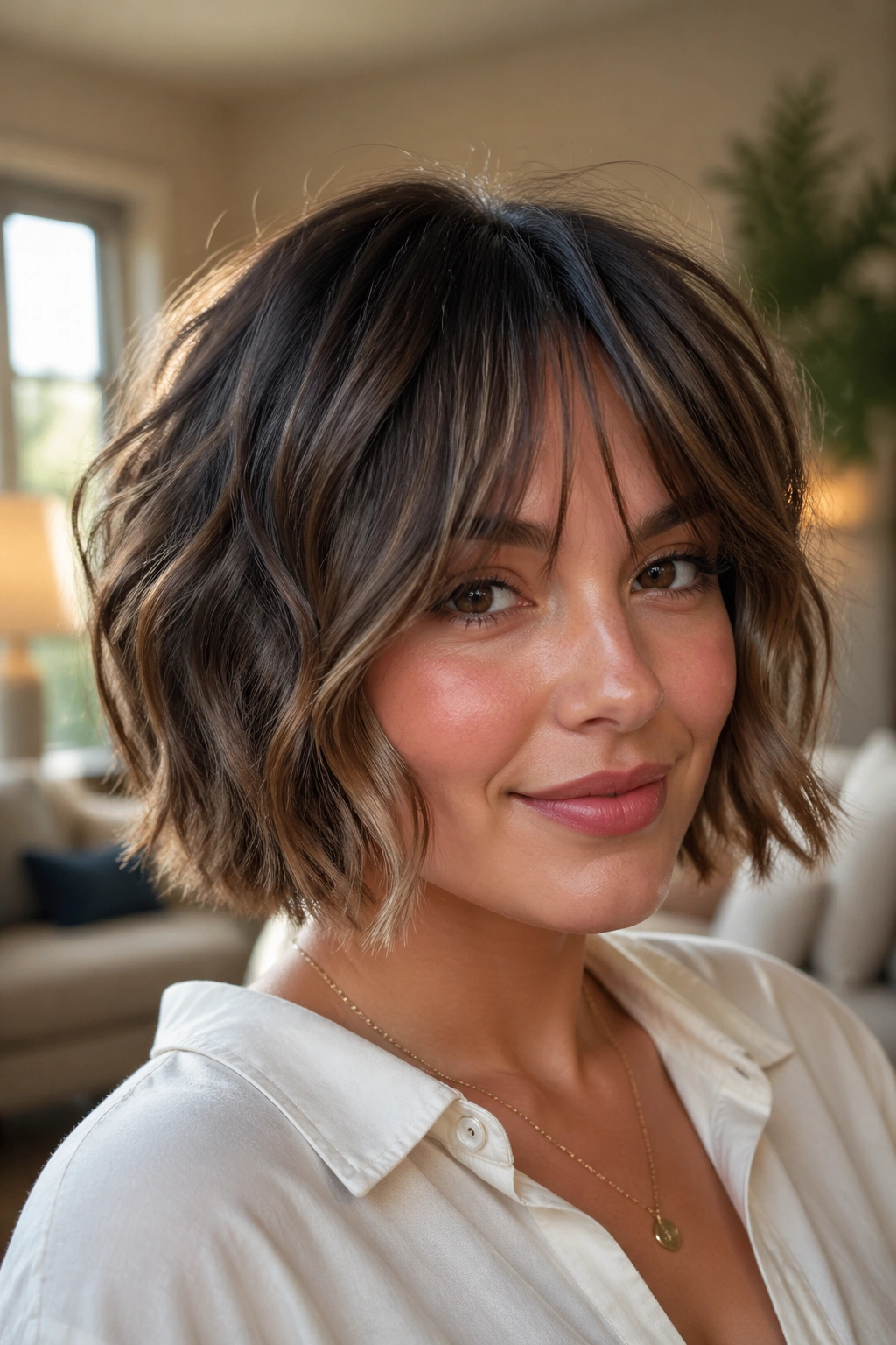 Close-up portrait of a real woman with bottleneck bangs and thick wavy bob in a warm, window-lit living room
