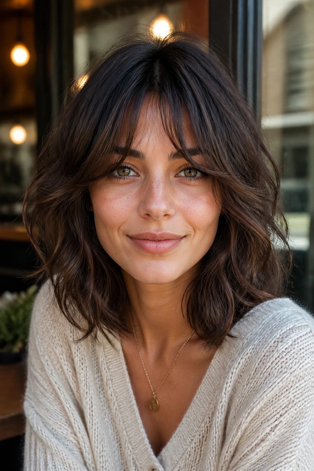 Close-up portrait of a real person with bottleneck bangs narrowing at the center