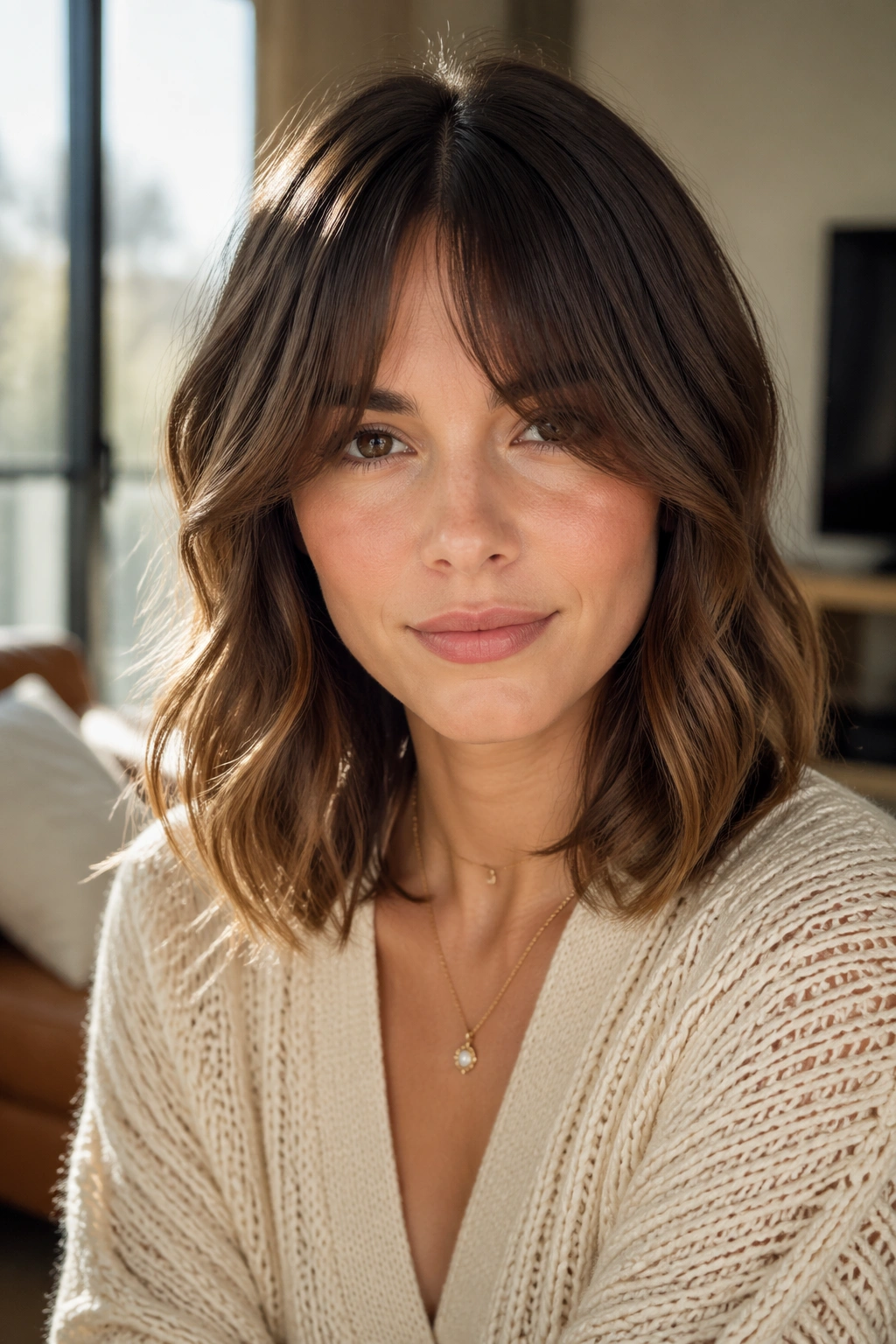 Close-up of a real woman with bottleneck bangs blending into a wavy lob