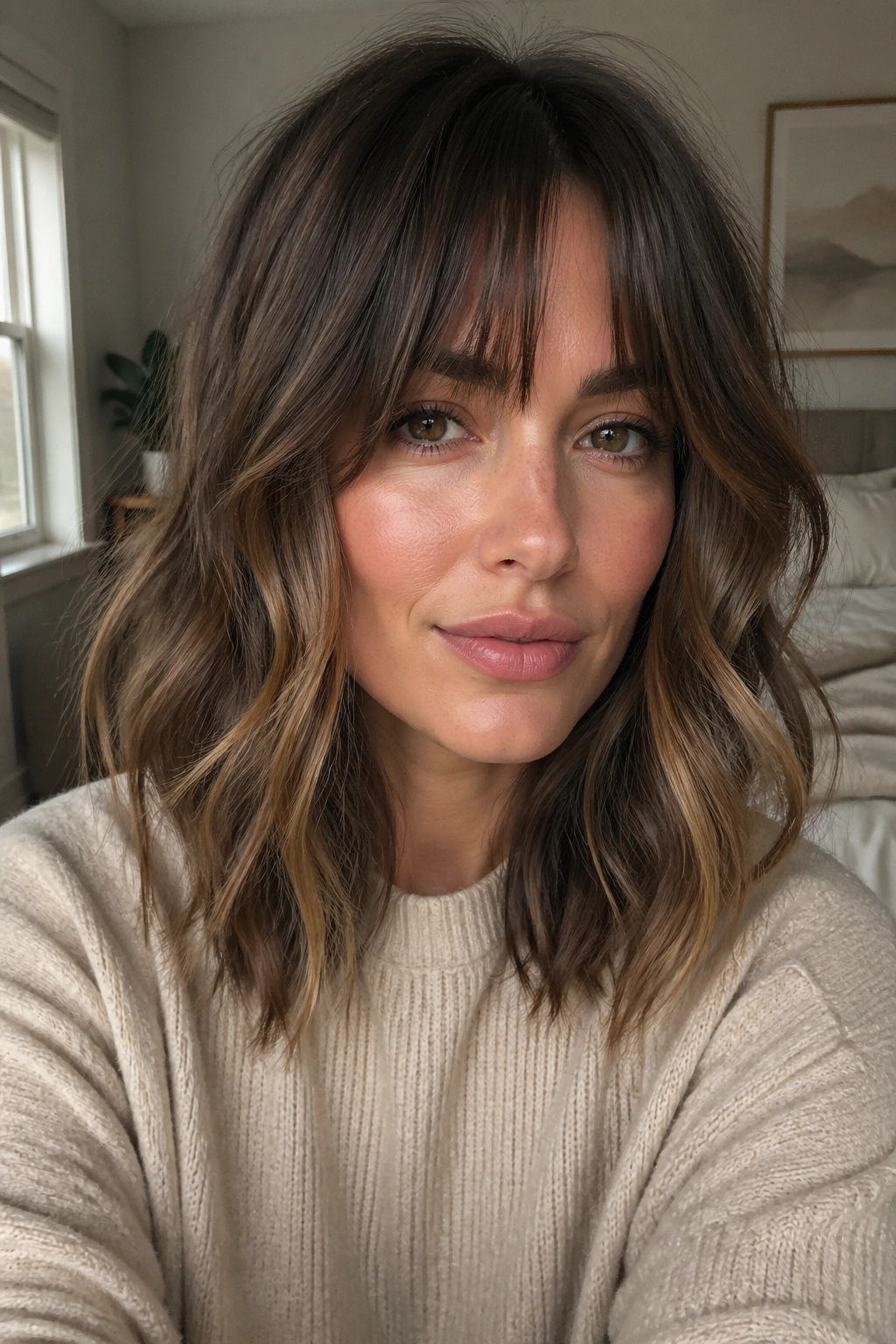 Close-up of bottleneck bangs on a long wavy lob on a real woman