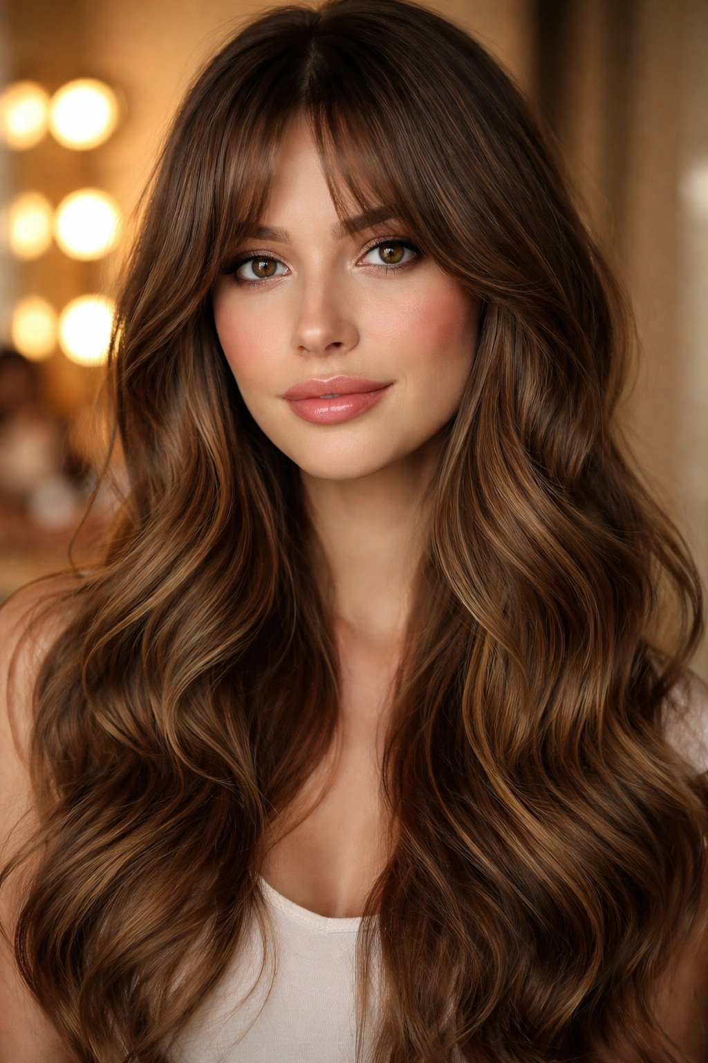 Close-up portrait of a real woman with bottleneck bangs and long wavy hair