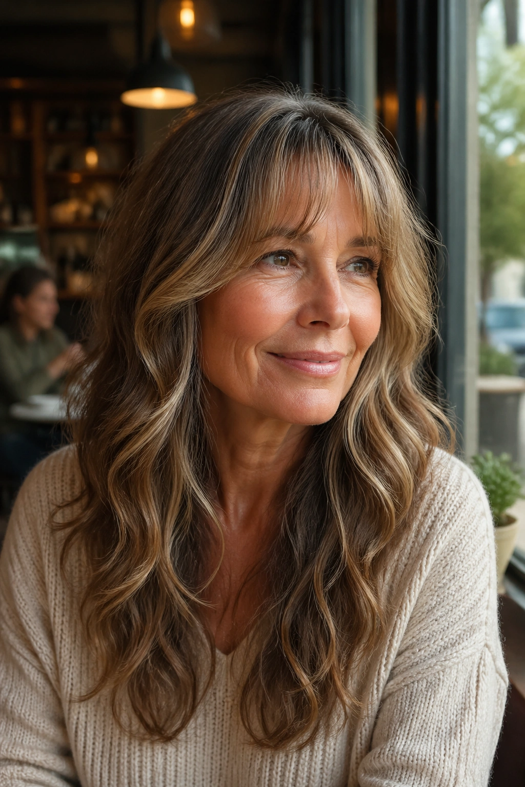 Close-up of a woman with bottleneck bangs and long waves