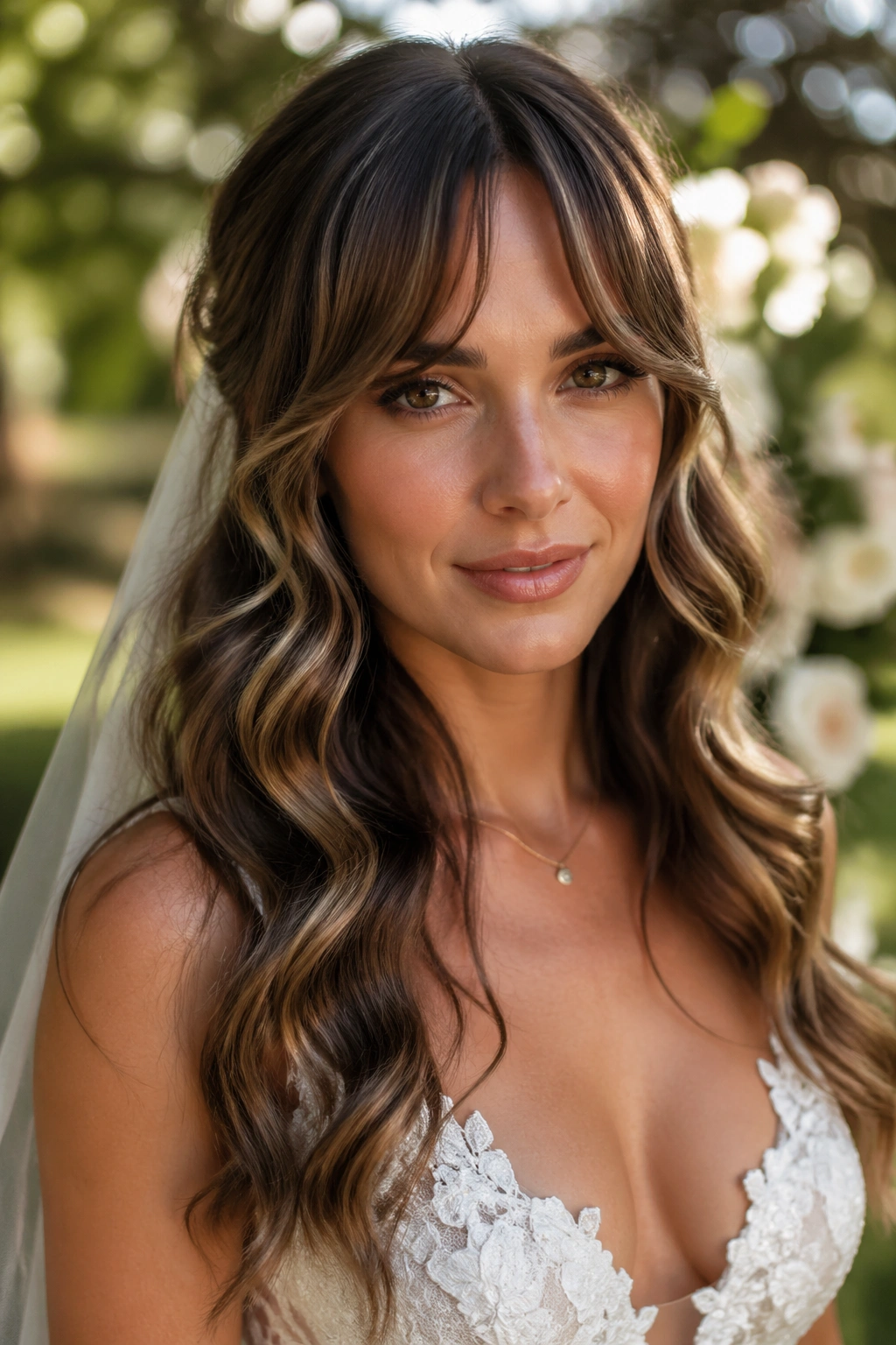Close-up of a bride with bottleneck bangs and mermaid waves