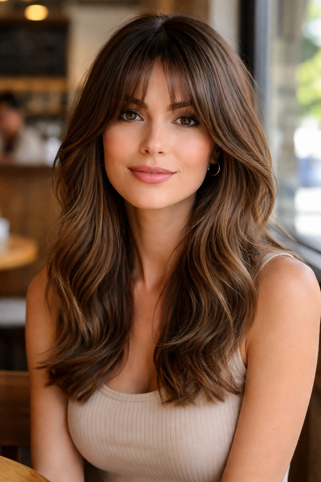 Close-up portrait of real woman with bottleneck bangs and mid-length layers