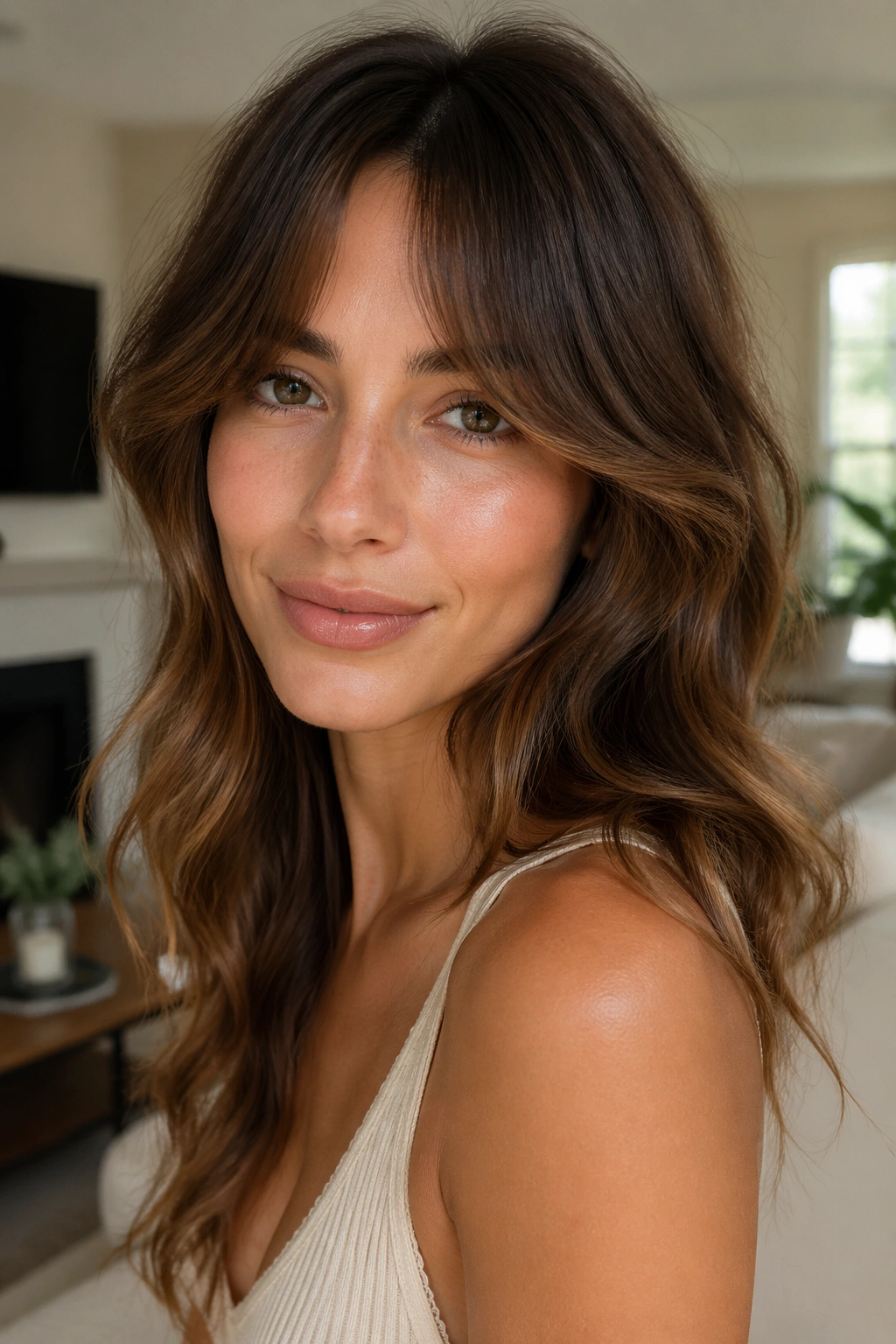 Close-up of a real person with bottleneck bangs, narrow center and wider sides, in soft-lit room.