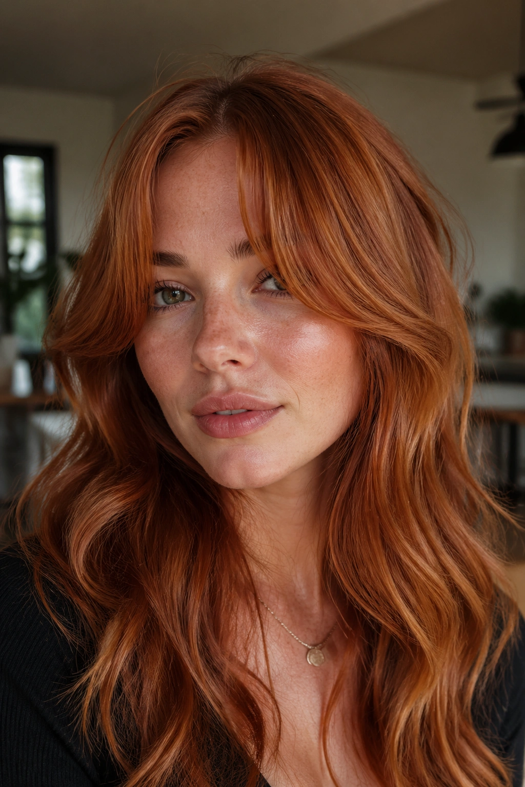 Close-up of bottleneck bangs with a narrow center gap on red hair
