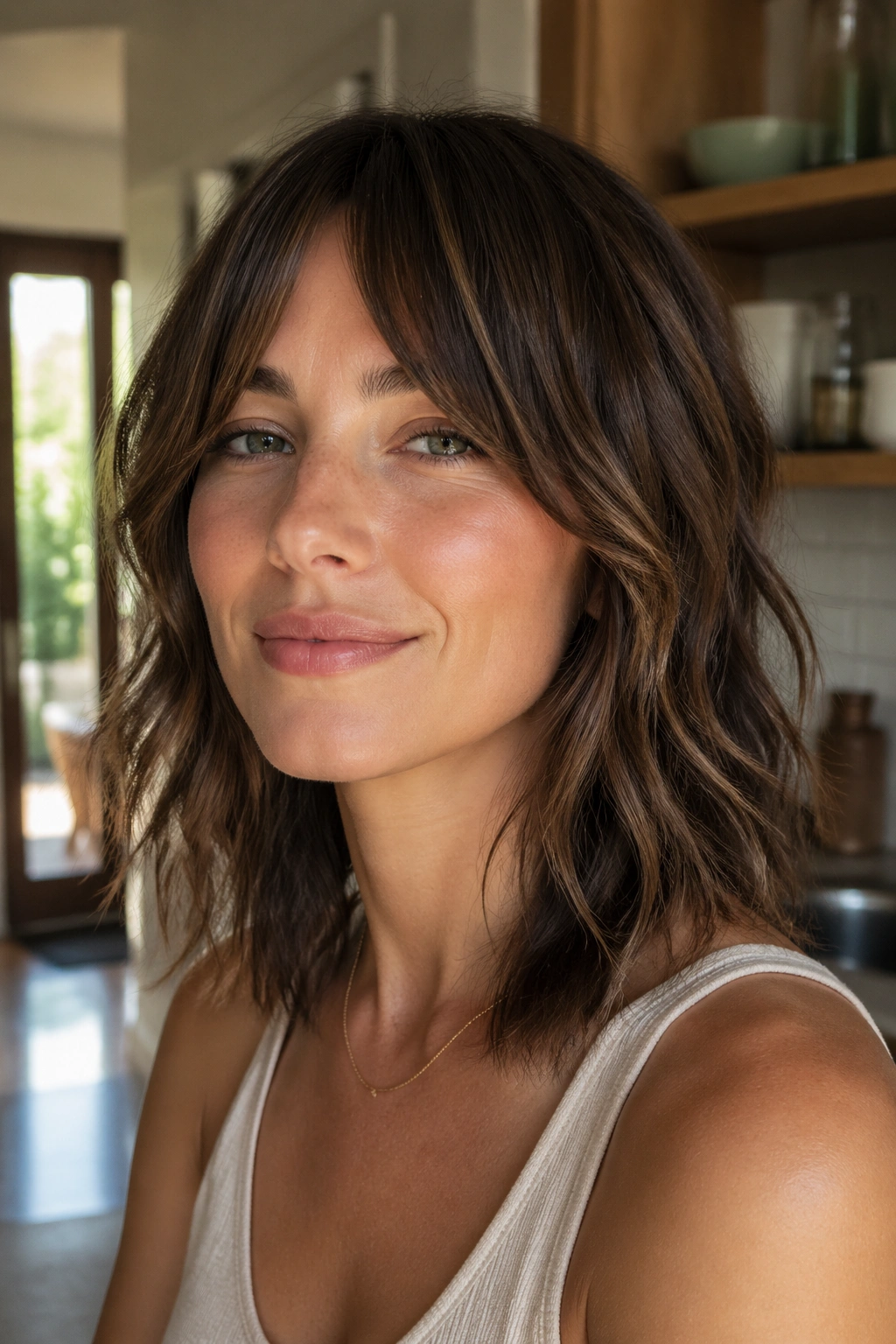 Close-up of a real woman with bottleneck bangs and shoulder-length wavy hair