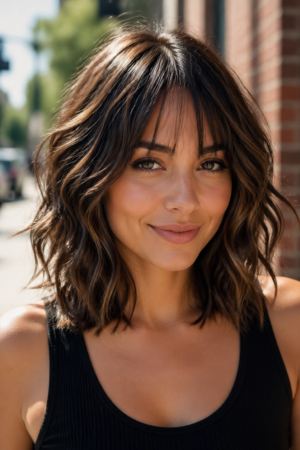 Real woman with bottleneck bangs and shoulder-length wavy butterfly cut.