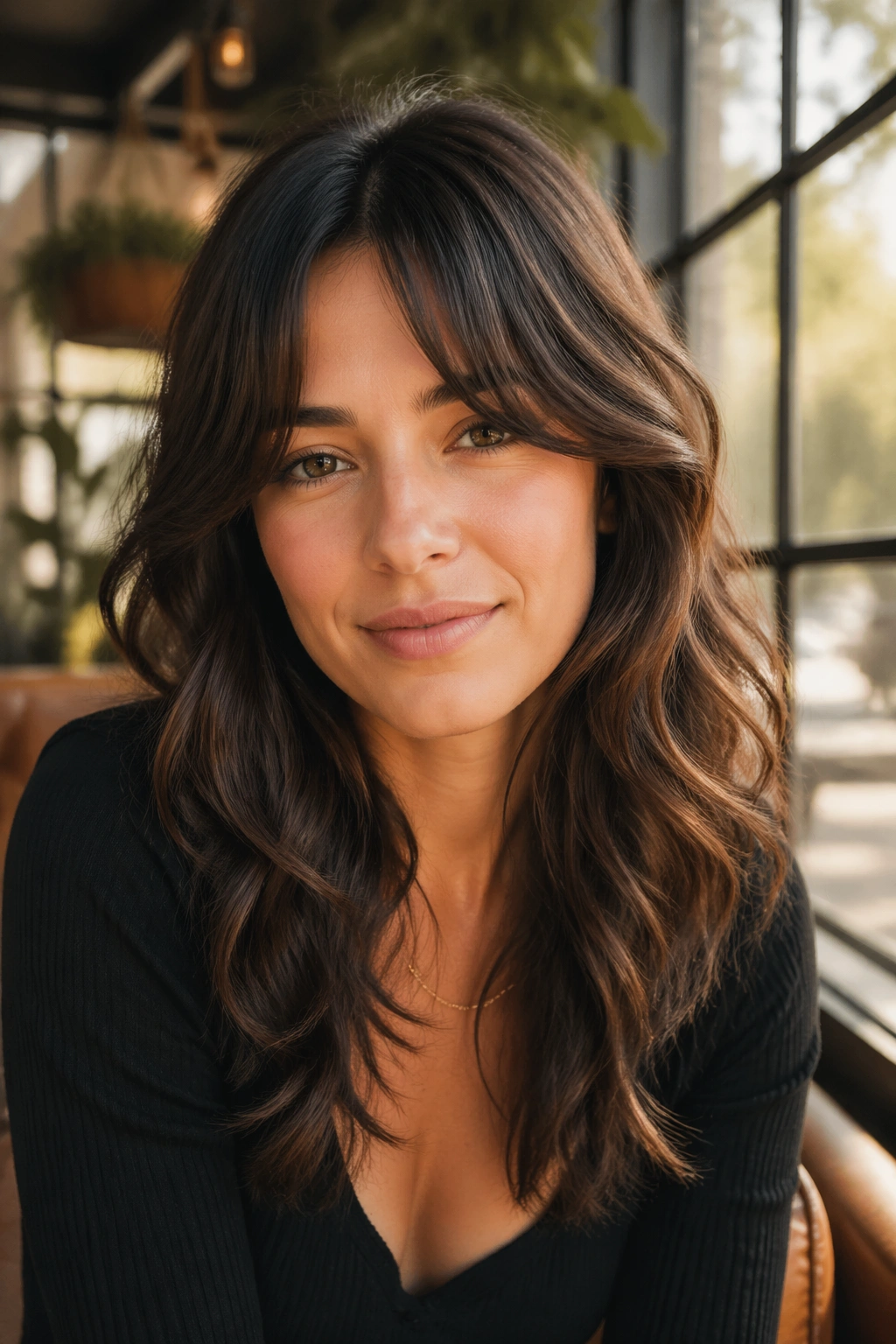 Brunette with bottleneck bangs and soft waves in a sunlit setting