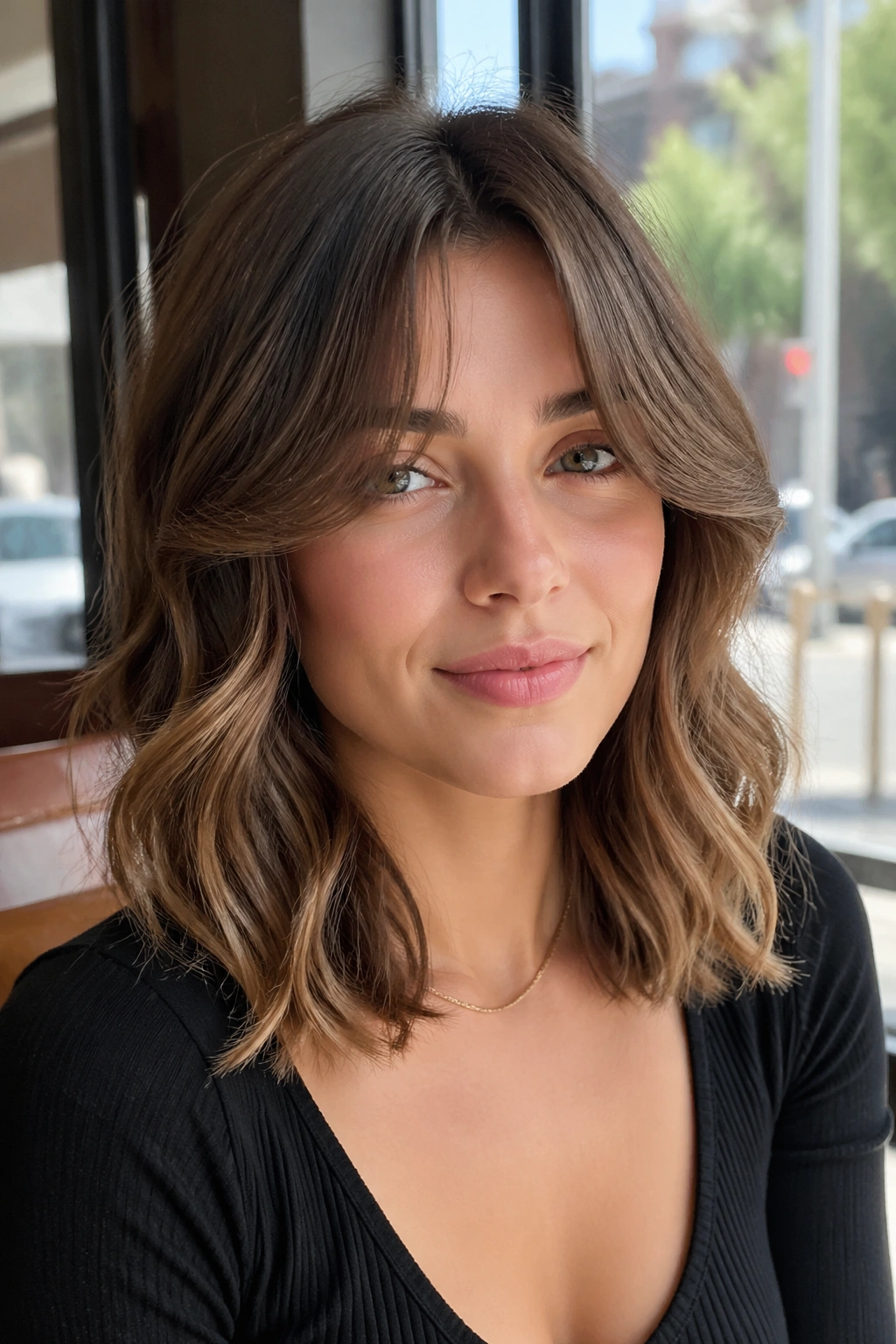Close-up of a real woman with bottleneck bangs and mid-length waves