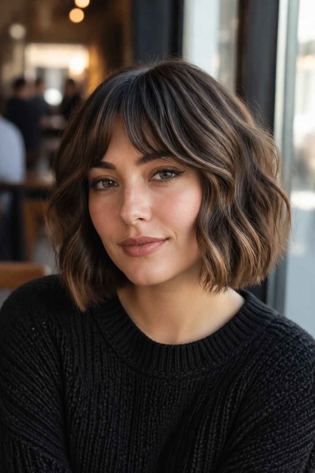 Close-up of a woman with bottleneck bangs and a wavy bob framing the face