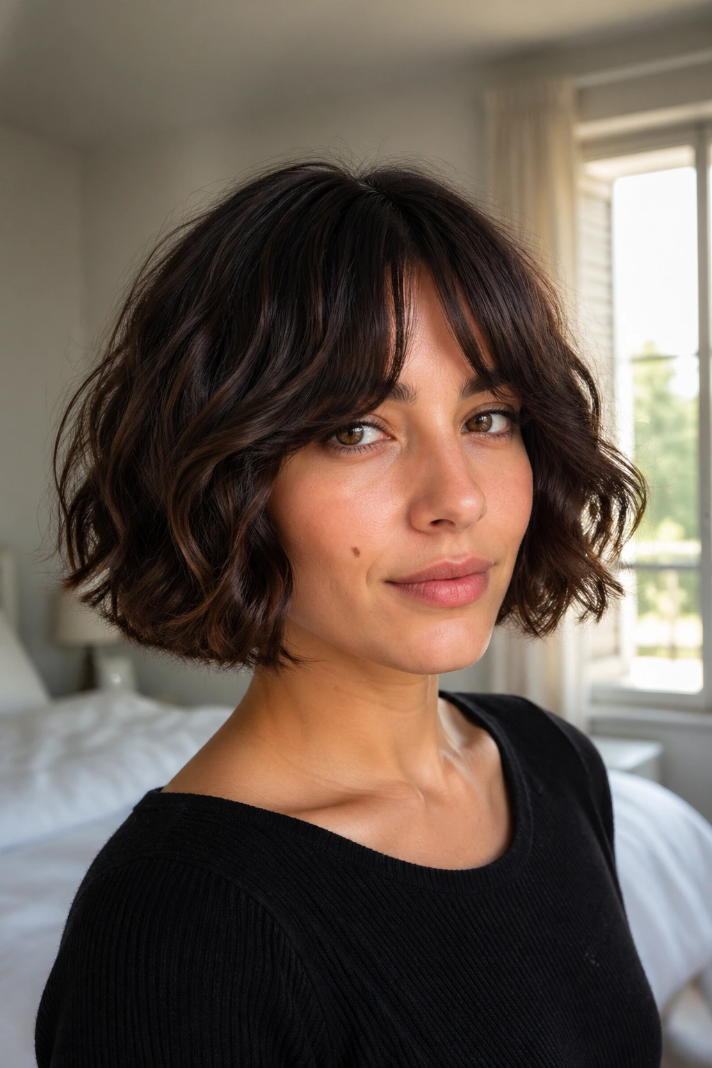 Close-up of a real woman with Wavy Bob With Bottleneck Bangs hairstyle in a bright bedroom