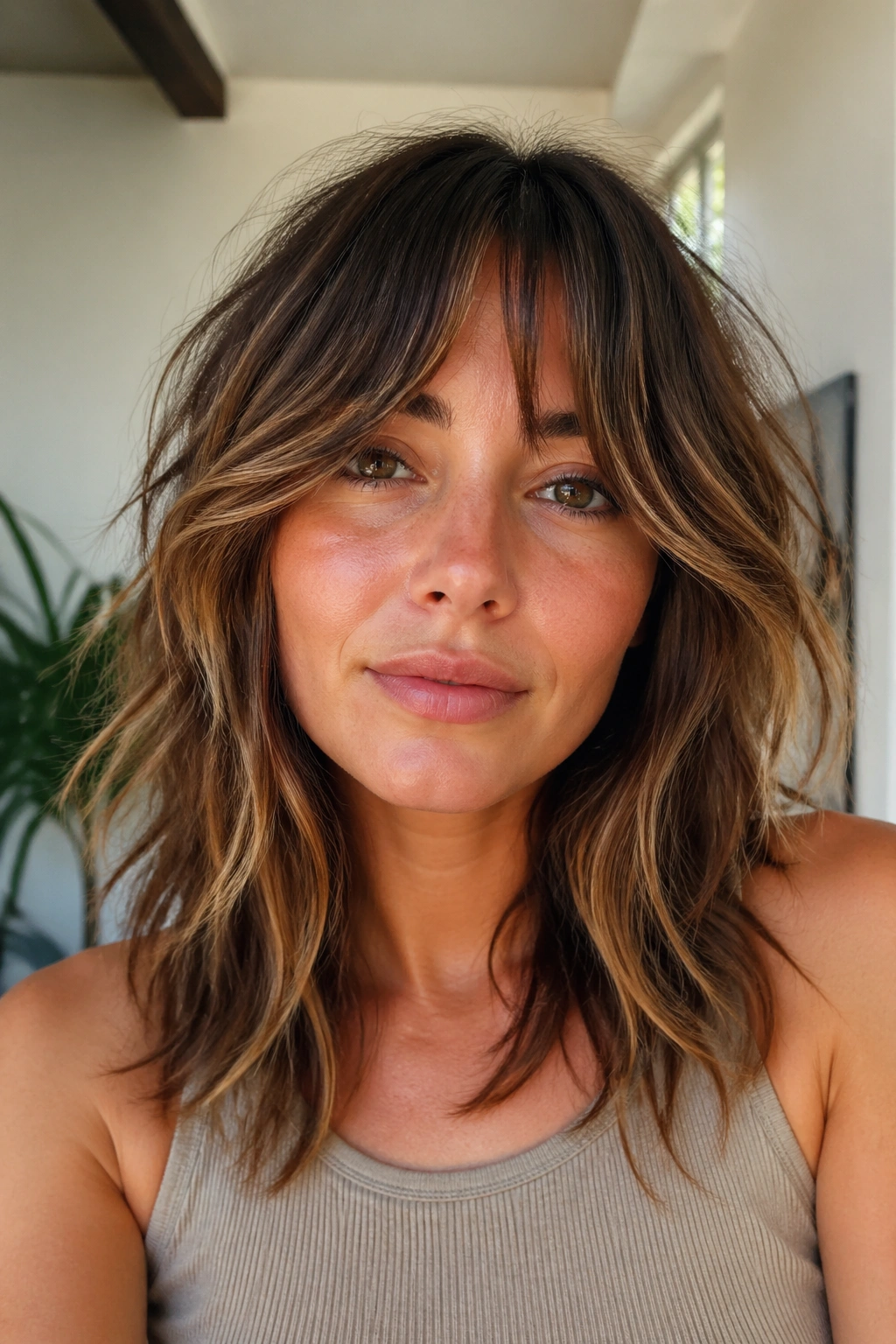 Portrait of woman with bottleneck bangs and wavy shag in bright morning light